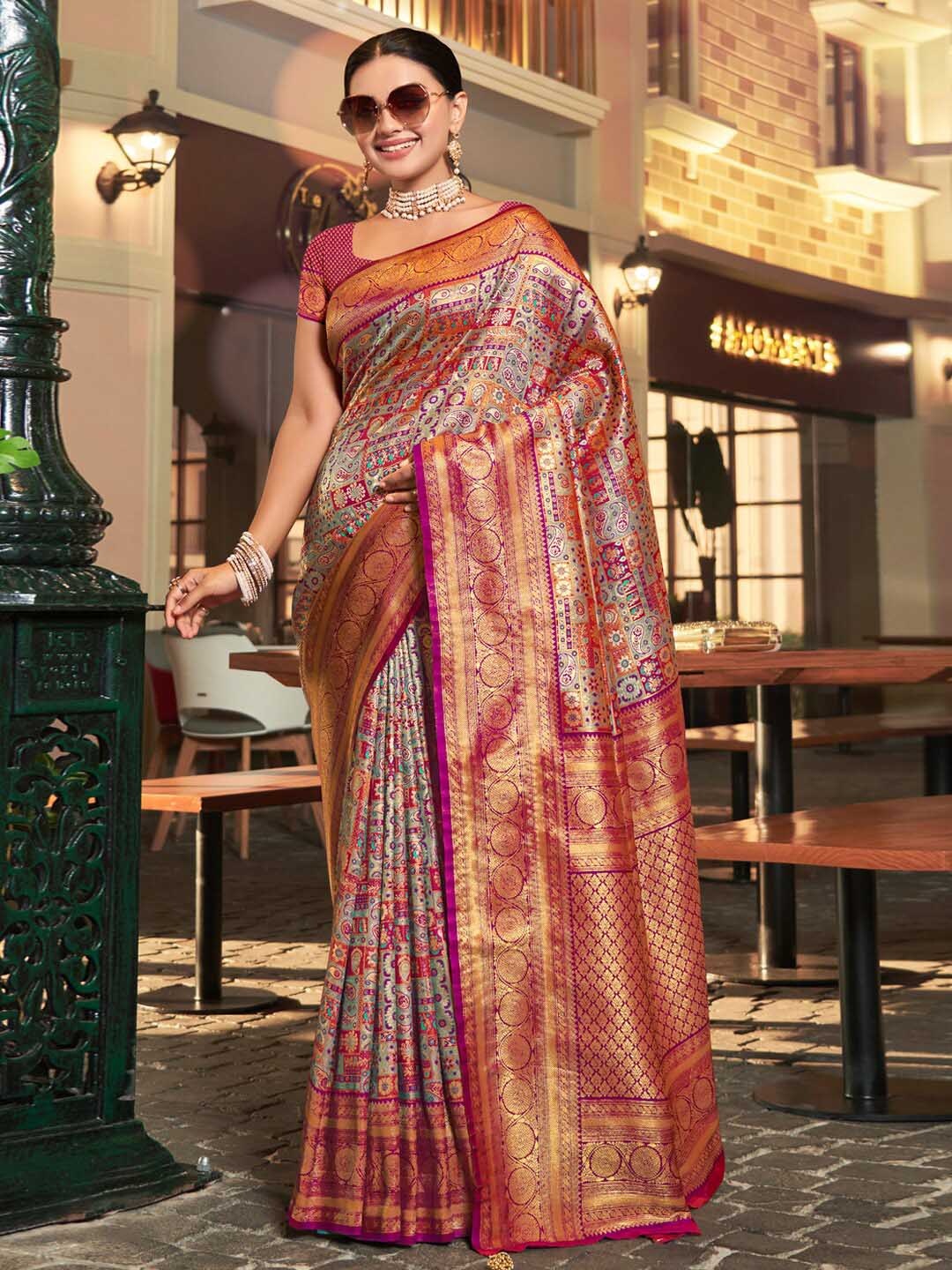 

Riwazo Ethnic Motifs Woven Design Zari Banarasi Saree, Grey