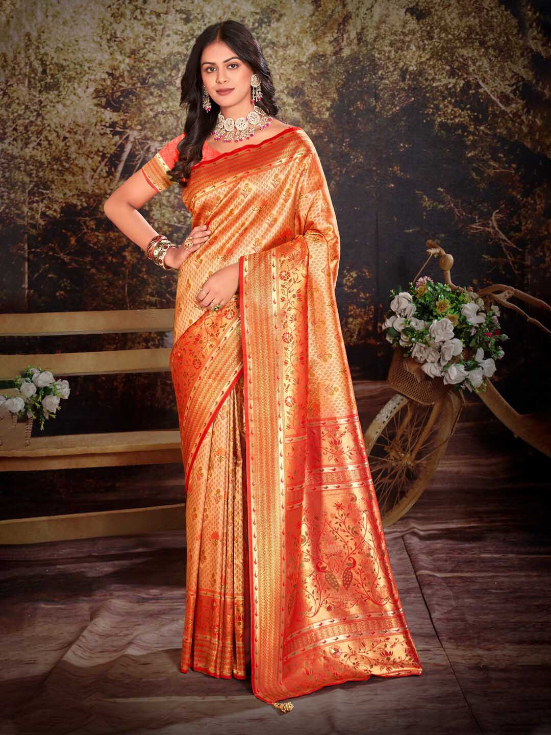 

Riwazo Ethnic Motifs Woven Design Banarasi Saree, Orange