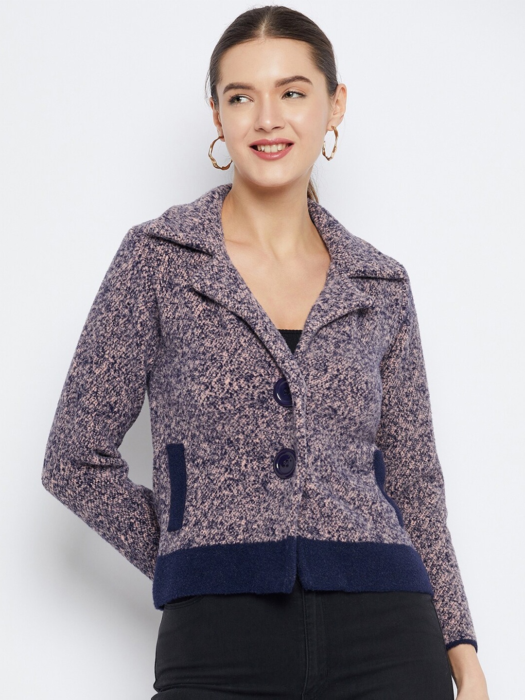 

Zigo Self Design Woolen Cardigan Sweater, Navy blue