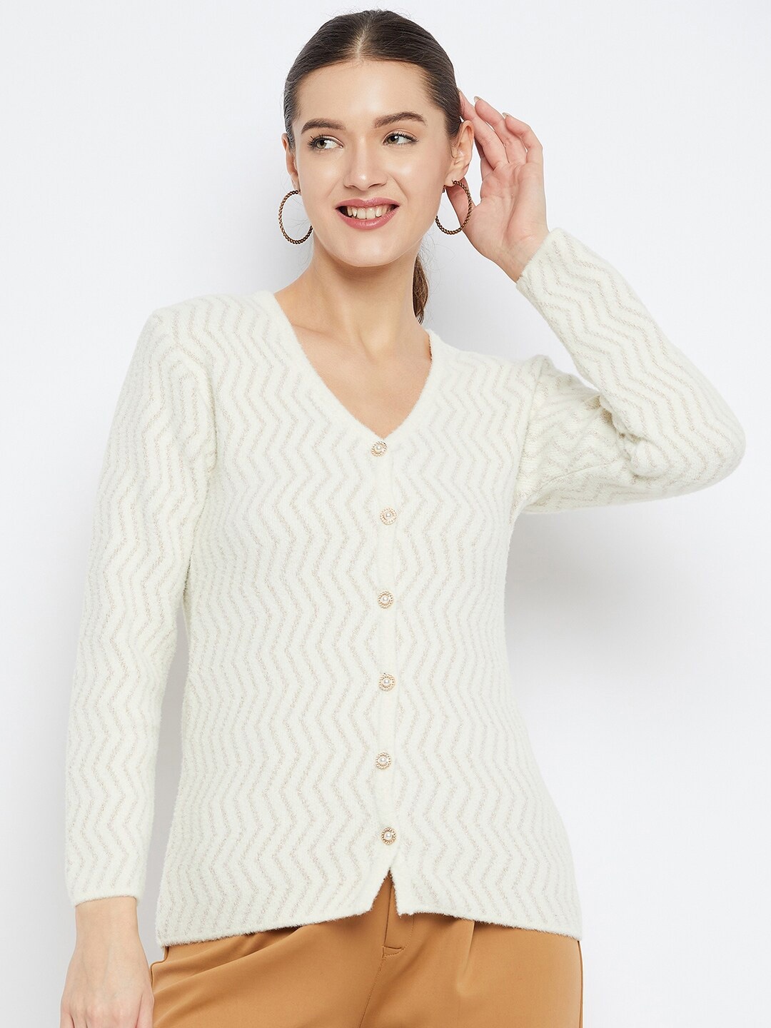 

Zigo Geometric Self Design Woolen Cardigan Sweater, Cream