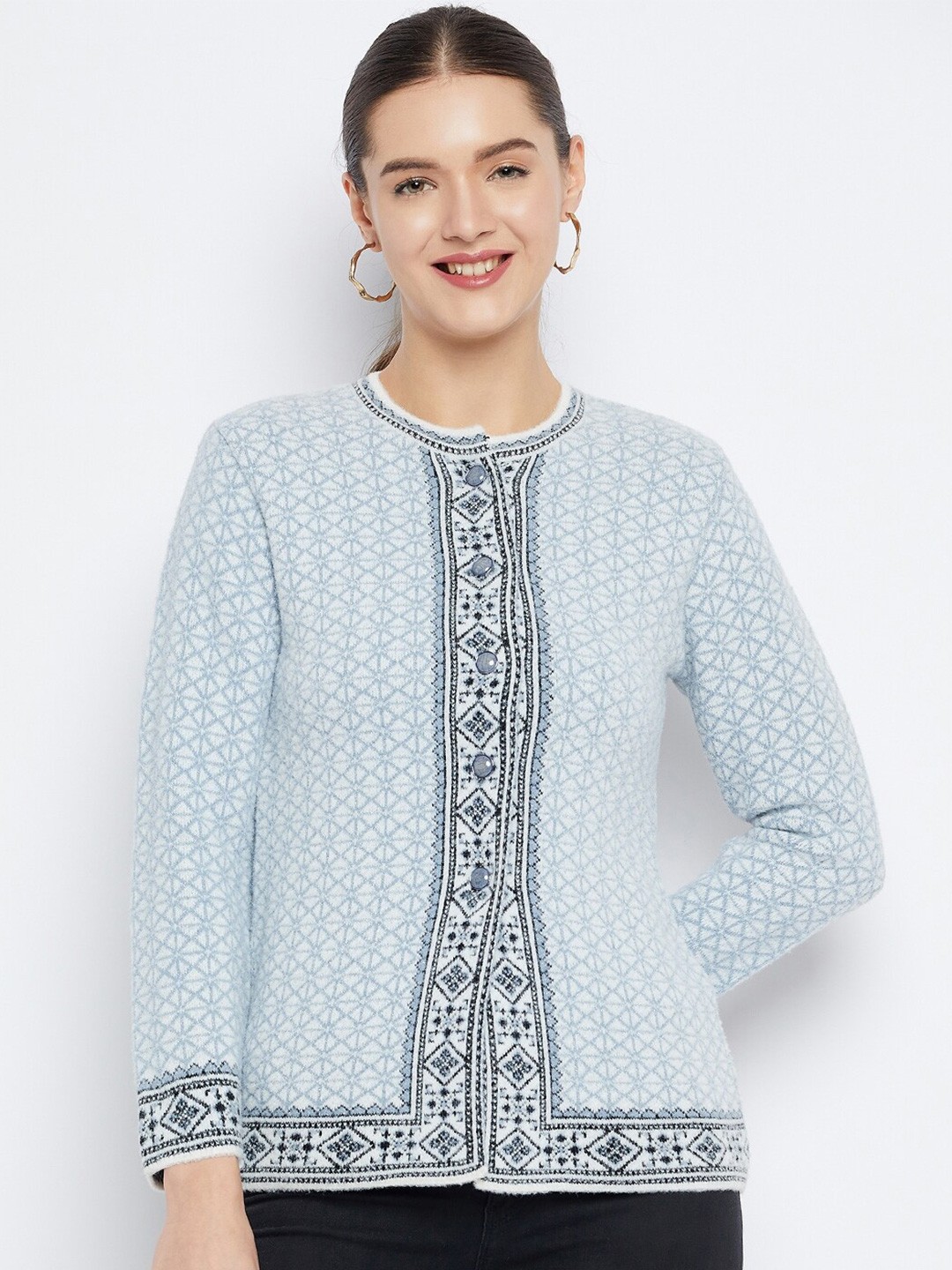 

Zigo Geometric Self Design Woolen Cardigan Sweater, Blue
