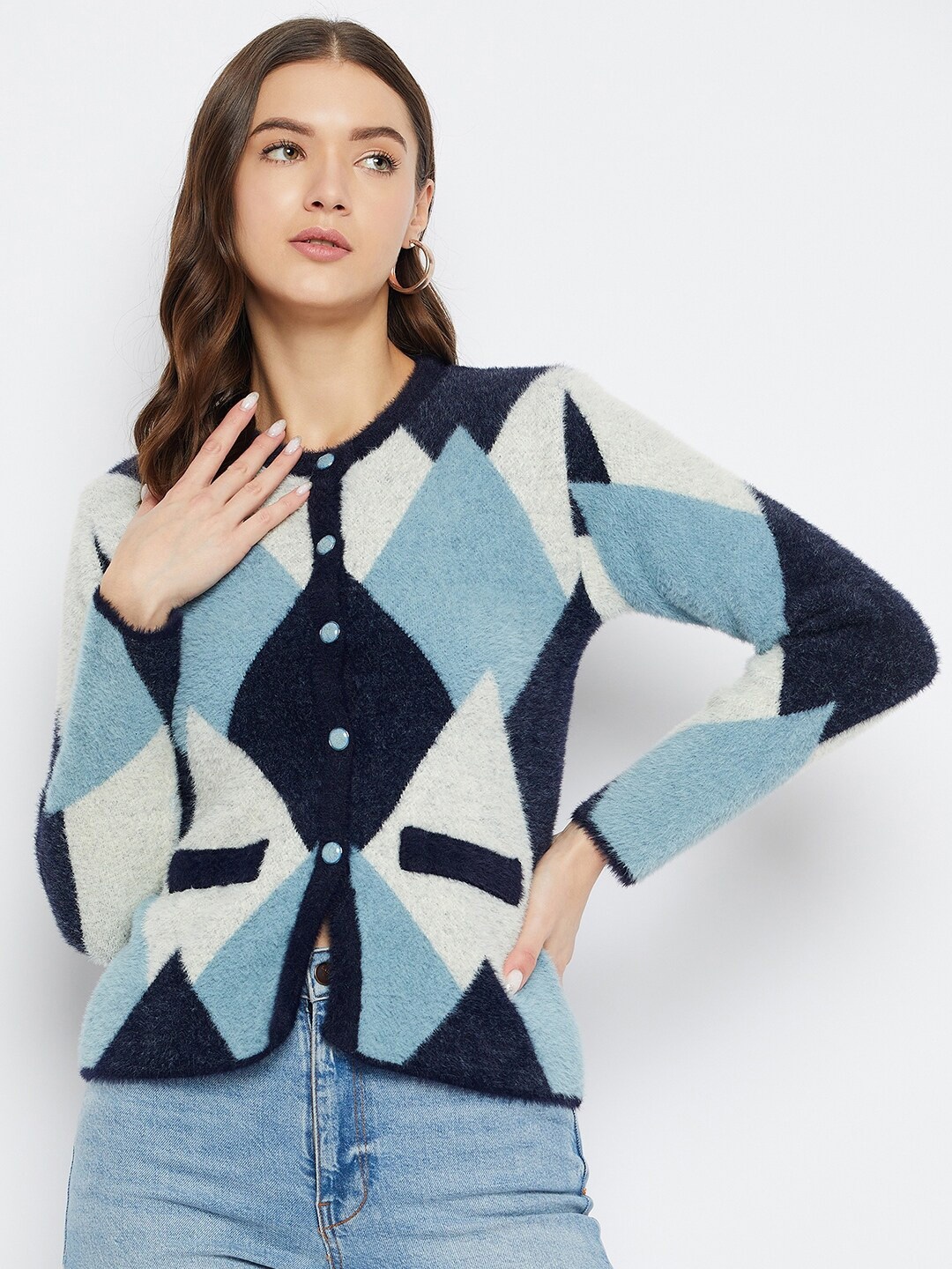 

Zigo Geometric Printed Round Neck Long Sleeves Woollen Cardigan Sweater, Blue