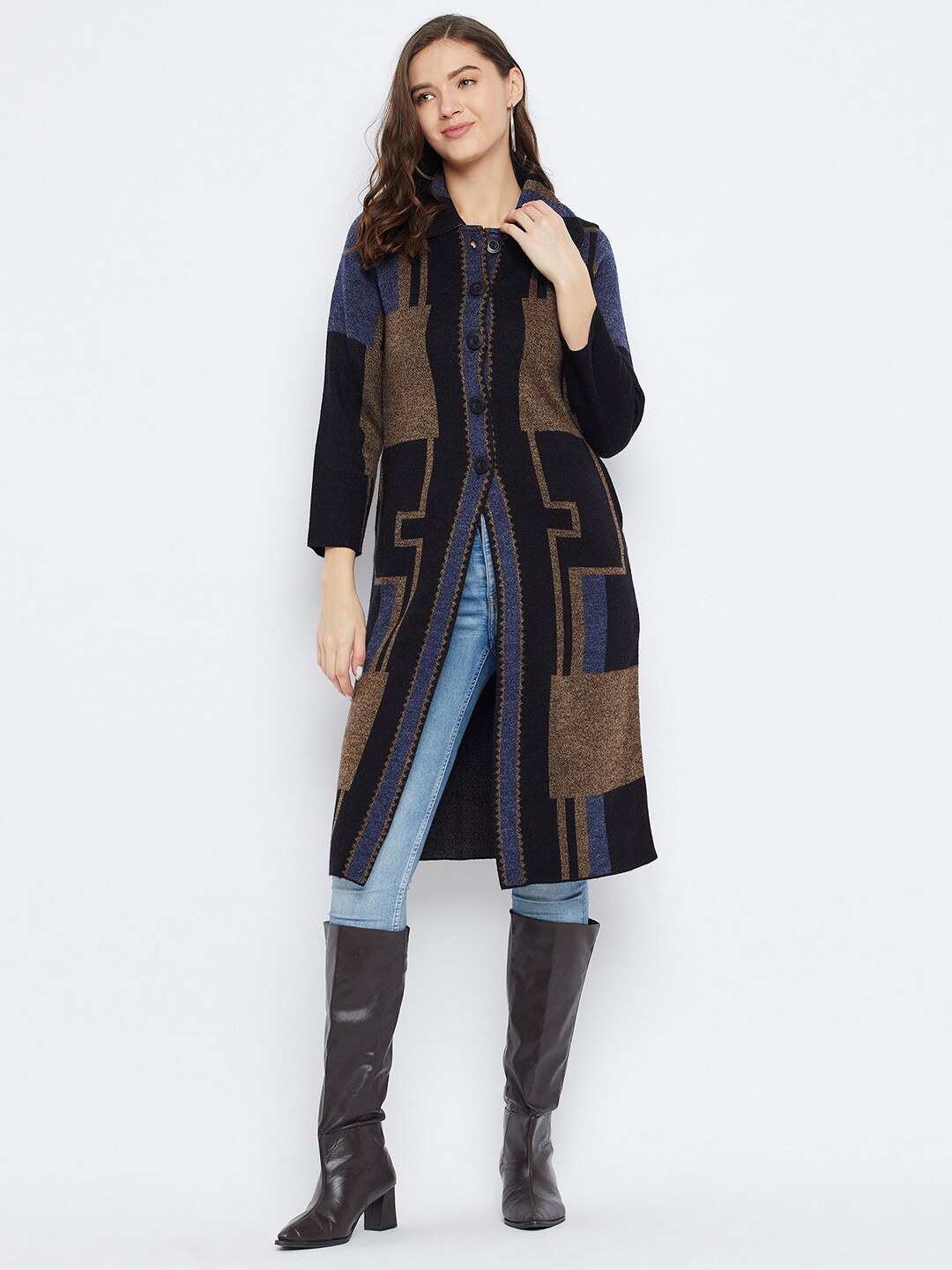 

Zigo Geometric Printed Peter Pan Collar Long Sleeves Woollen Longline Cardigan Sweater, Black