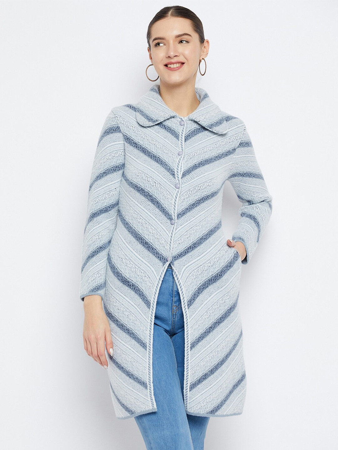 

Zigo Striped Peter Pan Collar Long Sleeves Woollen Longline Cardigan Sweater, Blue