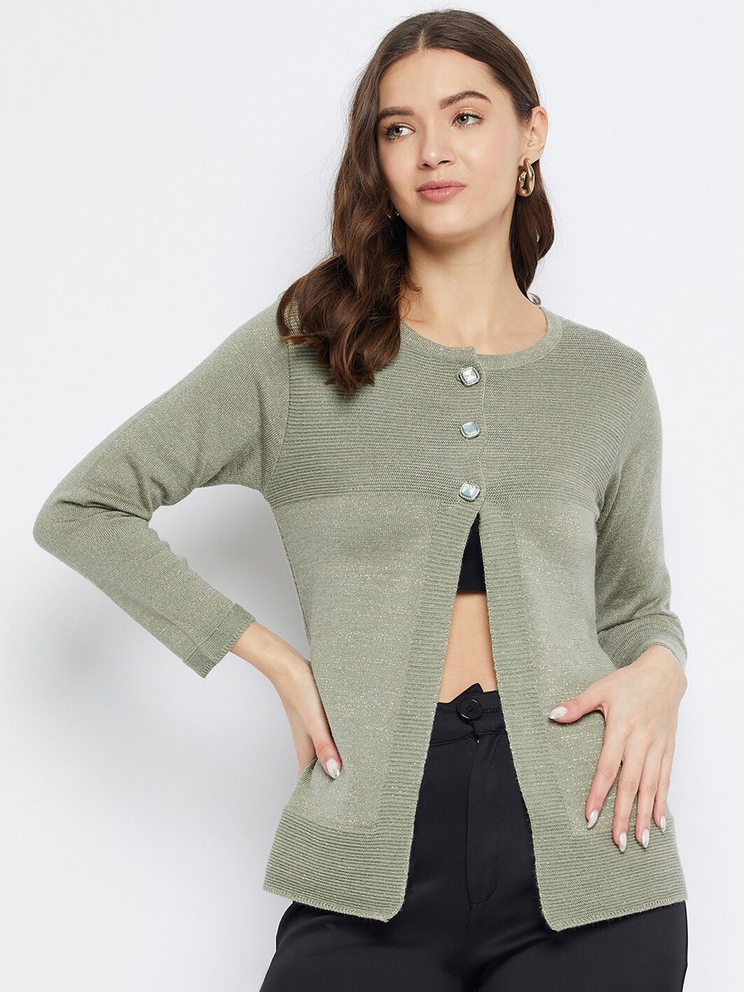 

Zigo Ribbed Round Neck Long Sleeves Woollen Cardigan Sweater, Sea green