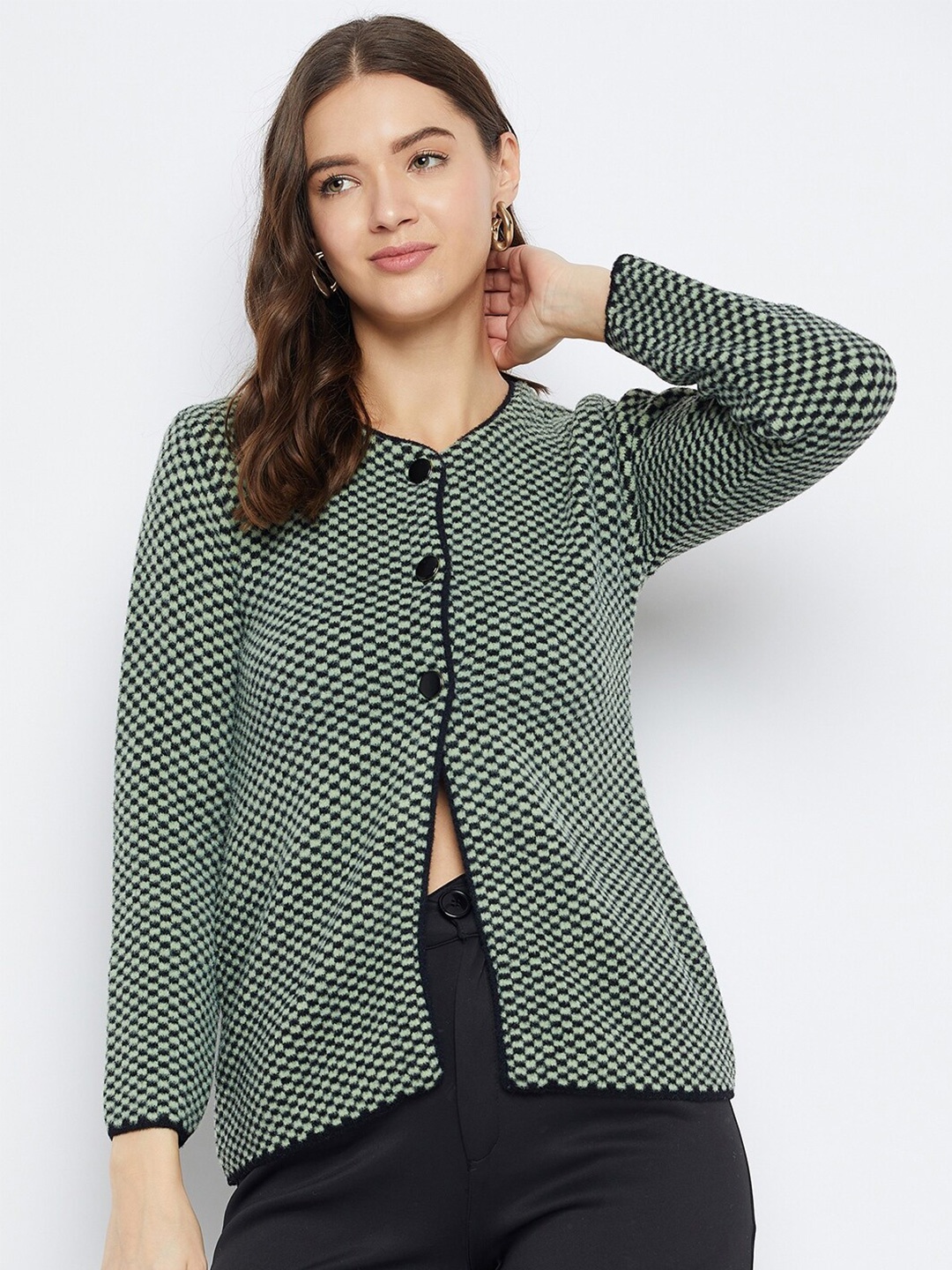

Zigo Geometric Self Design Woollen Cardigan, Olive