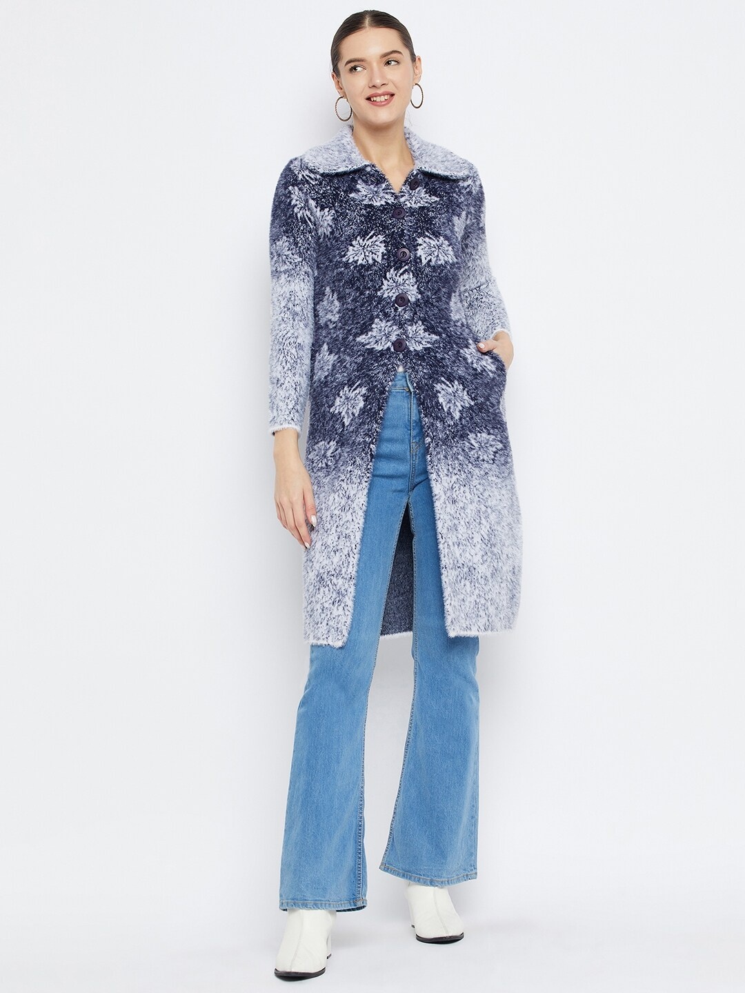 

Zigo Floral Self Design Shirt Collar Woollen Longline Cardigan, Navy blue