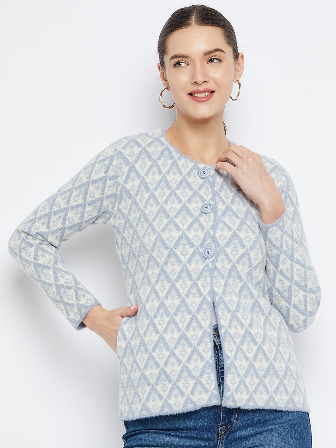 

Zigo Ethnic Motifs Self Design Woollen Cardigan, Blue