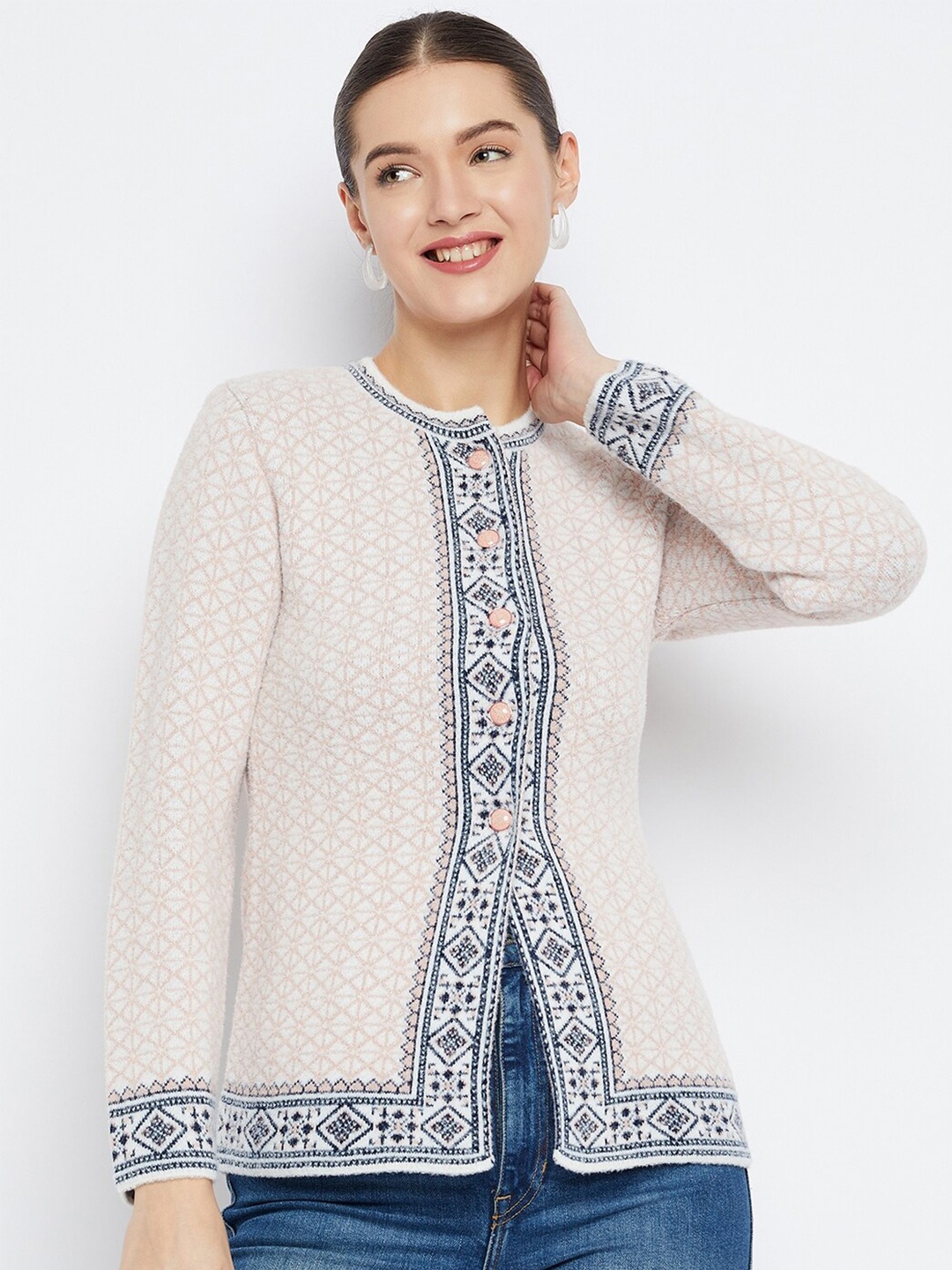 

Zigo Ethnic Motifs Self Design Woollen Cardigan, Peach