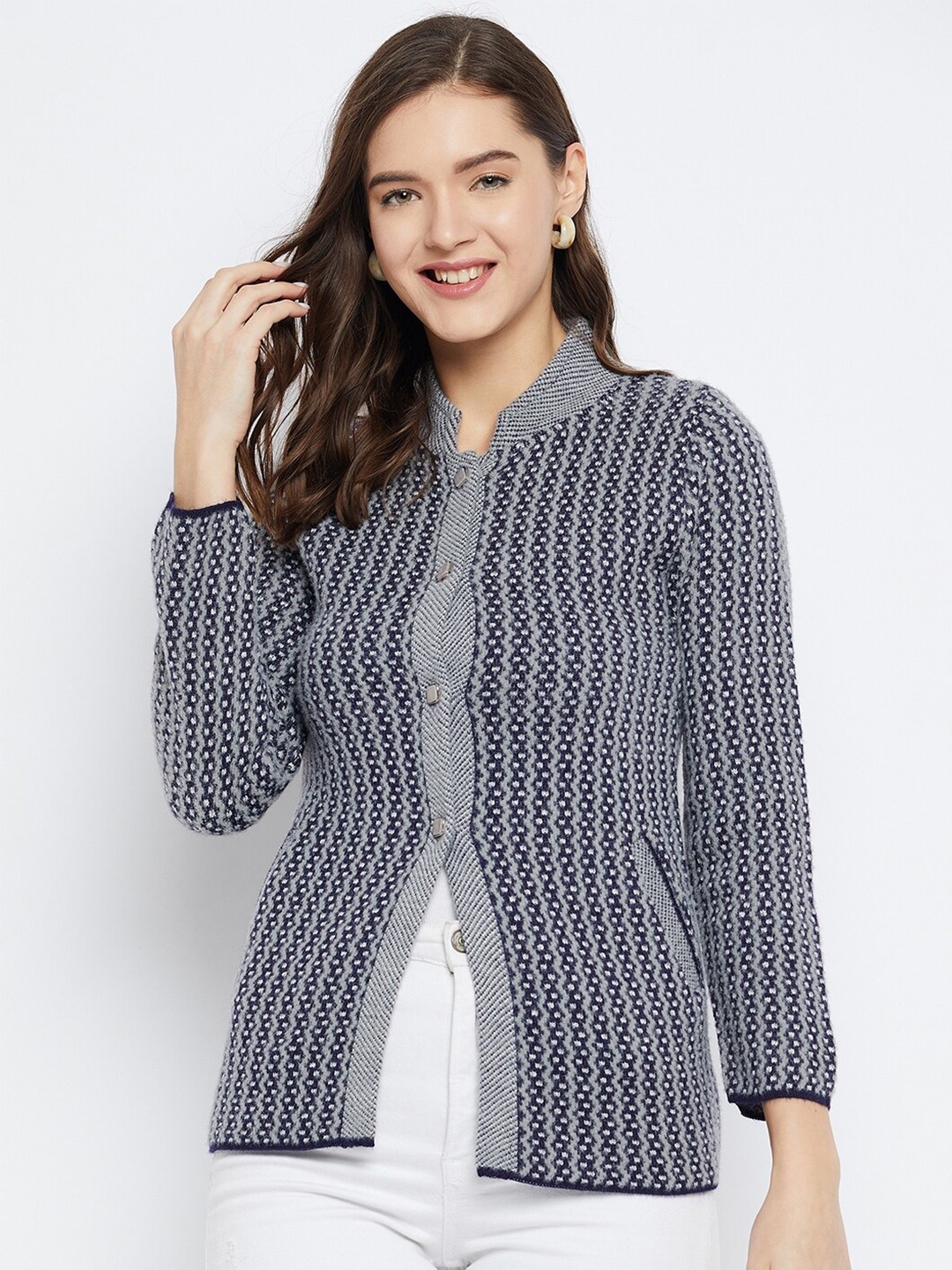 

Zigo Abstract Self Design Mock Collar Woollen Cardigan Sweater, Grey
