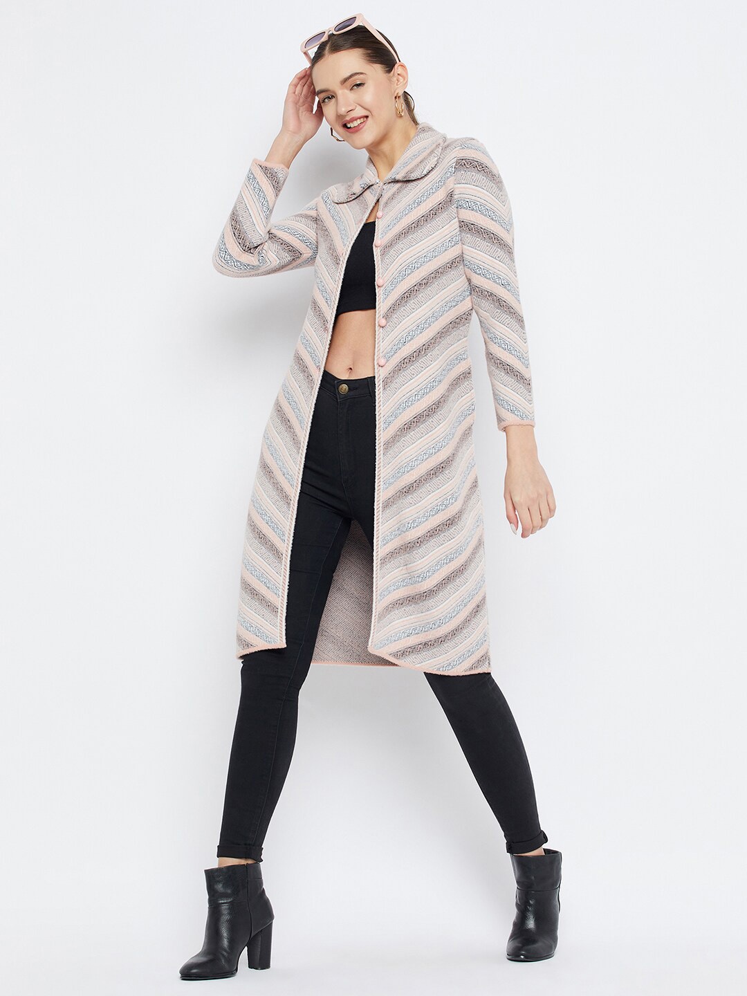 

Zigo Striped Peter Pan Collar Woollen Longline Cardigan Sweater, Peach
