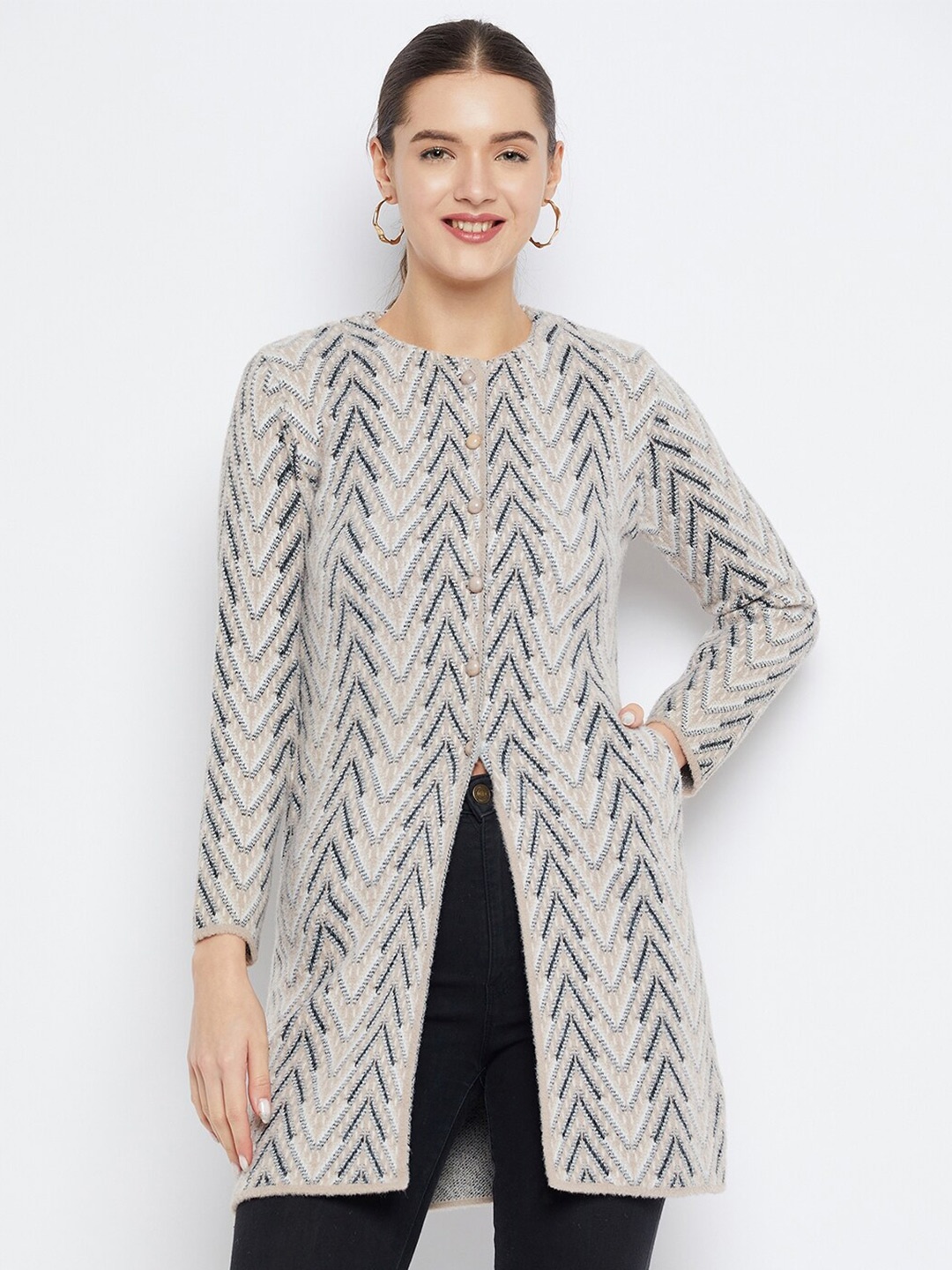 

Zigo Geometric Self Design Woolen Longline Cardigan Sweater, Camel brown