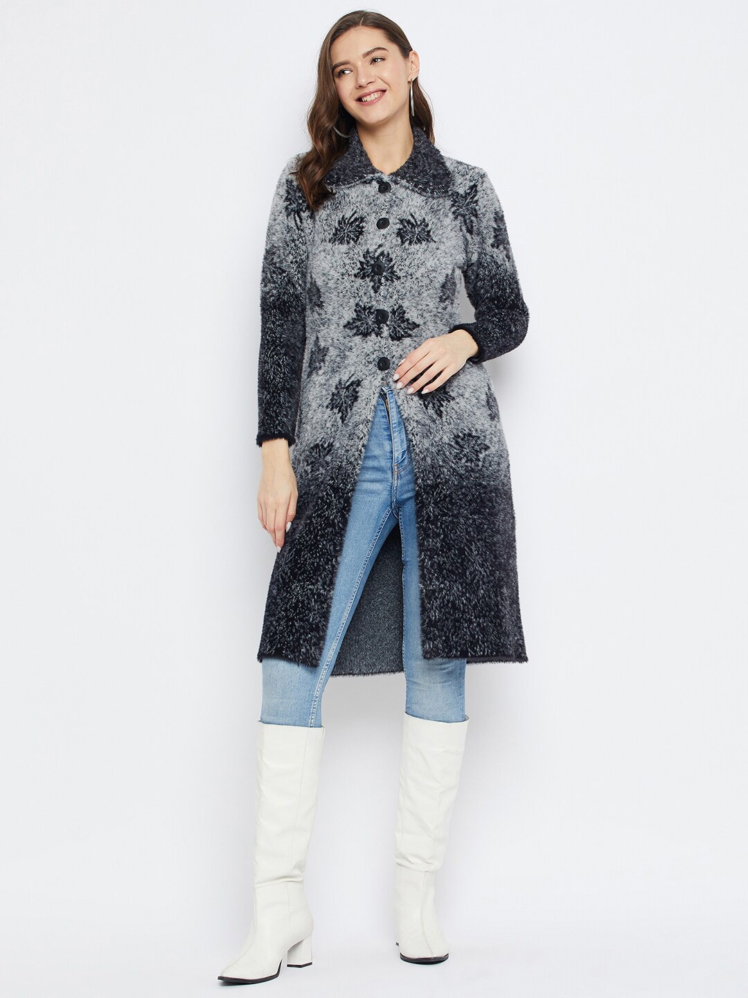 

Zigo Floral Self Design Woolen Longline Cardigan Sweater, Black
