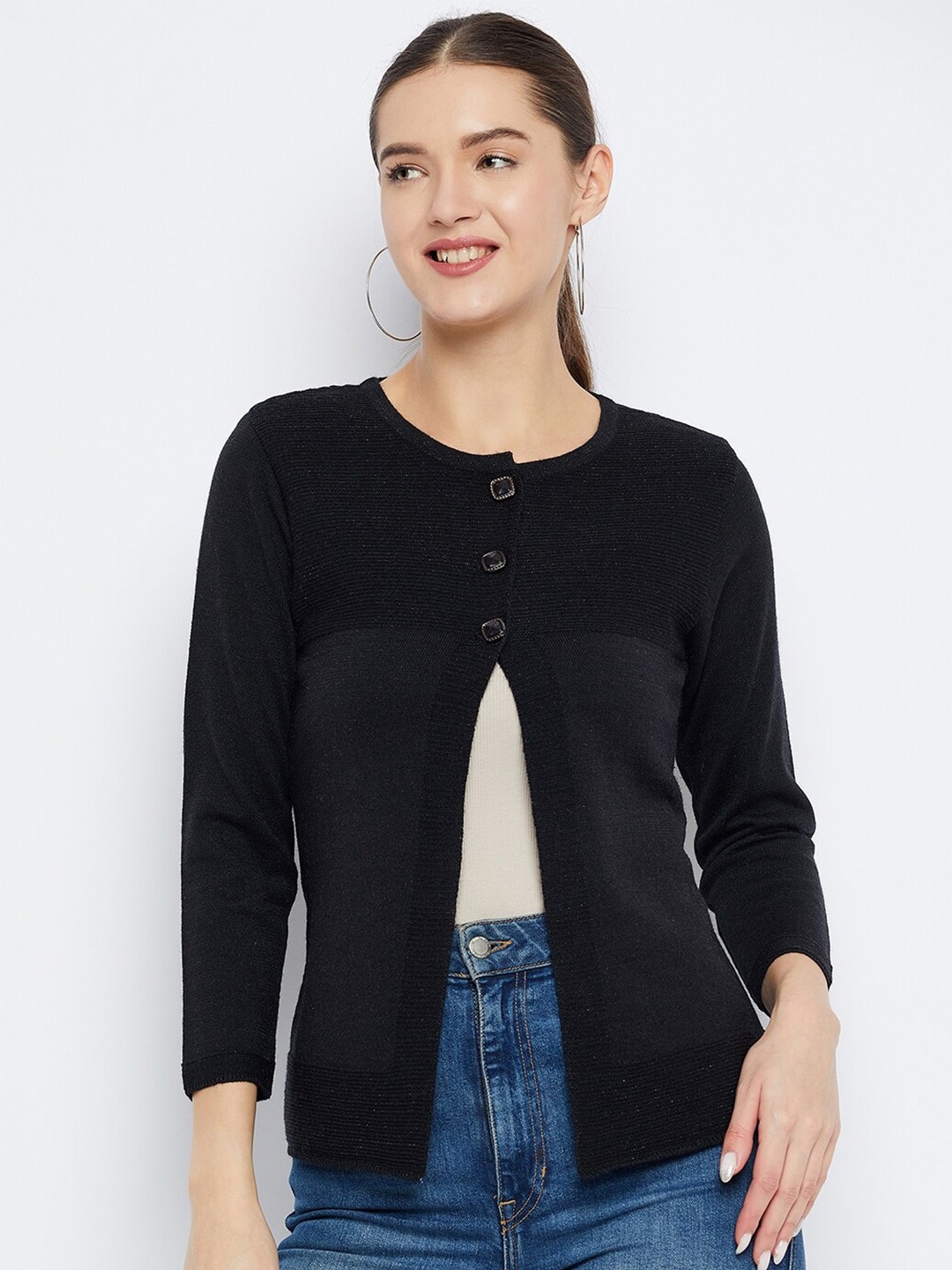 

Zigo Round Neck Woollen Cardigan Sweater, Black