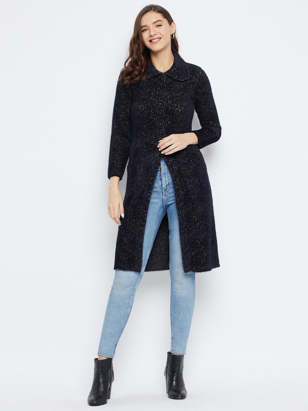 

Zigo Abstract Self Design Peter Pan Collar Woollen Longline Cardigan Sweater, Black
