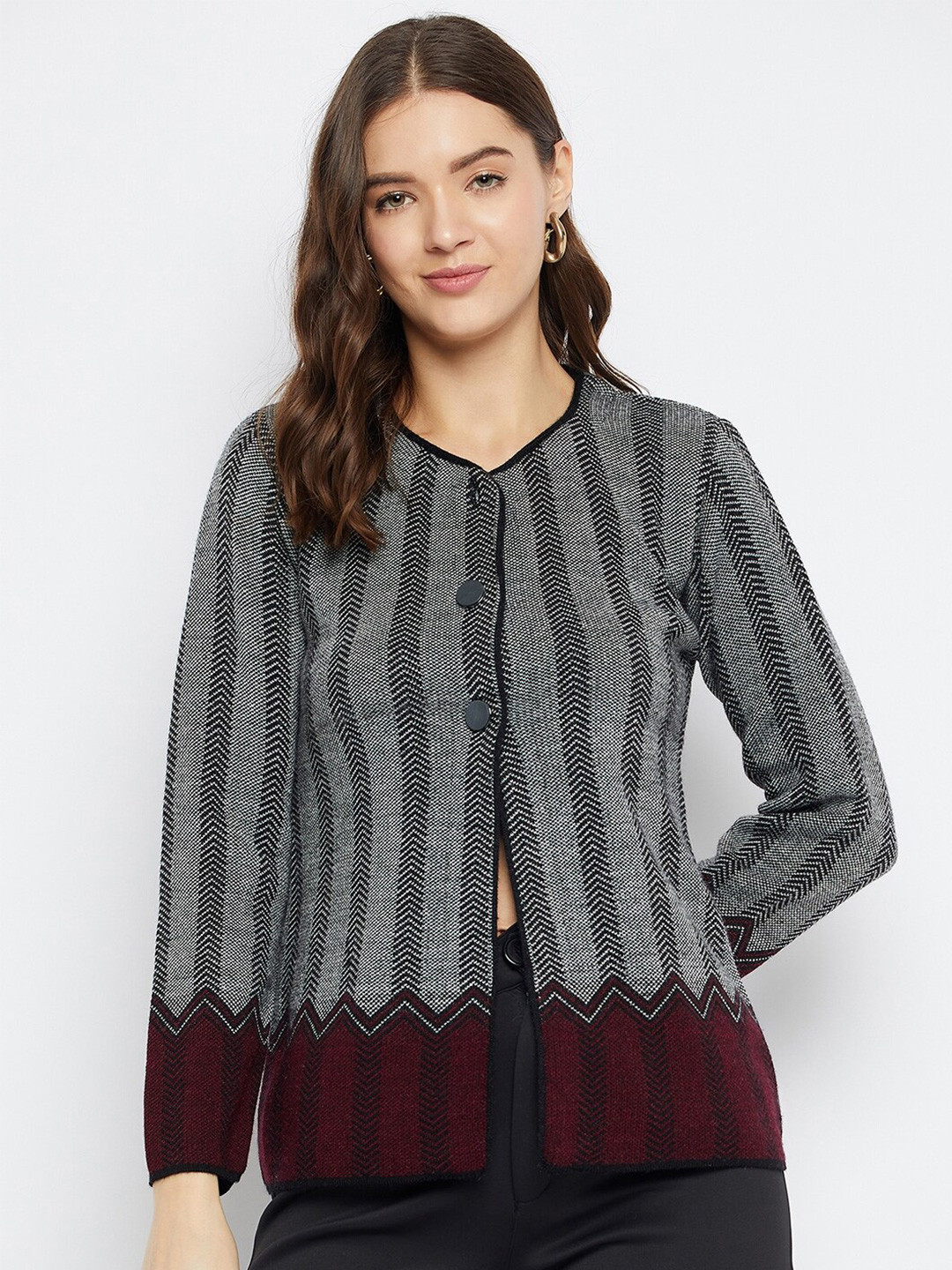 

Zigo Striped Woollen Cardigan Sweater, Black