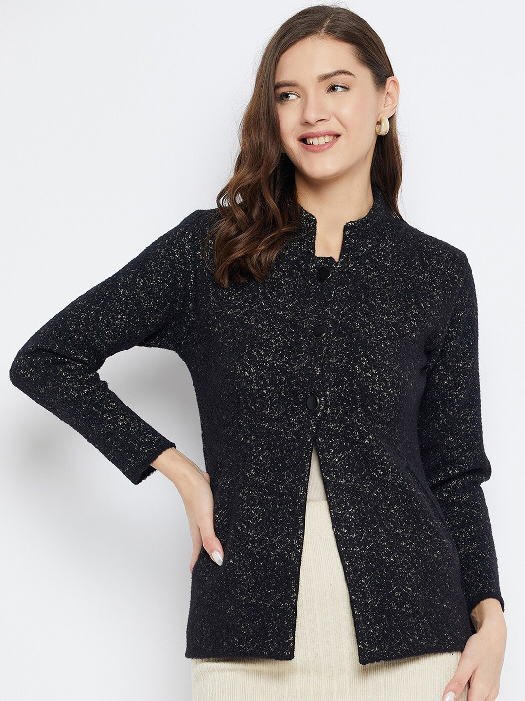 

Zigo Abstract Self Design Mock Collar Woollen Cardigan Sweater, Black