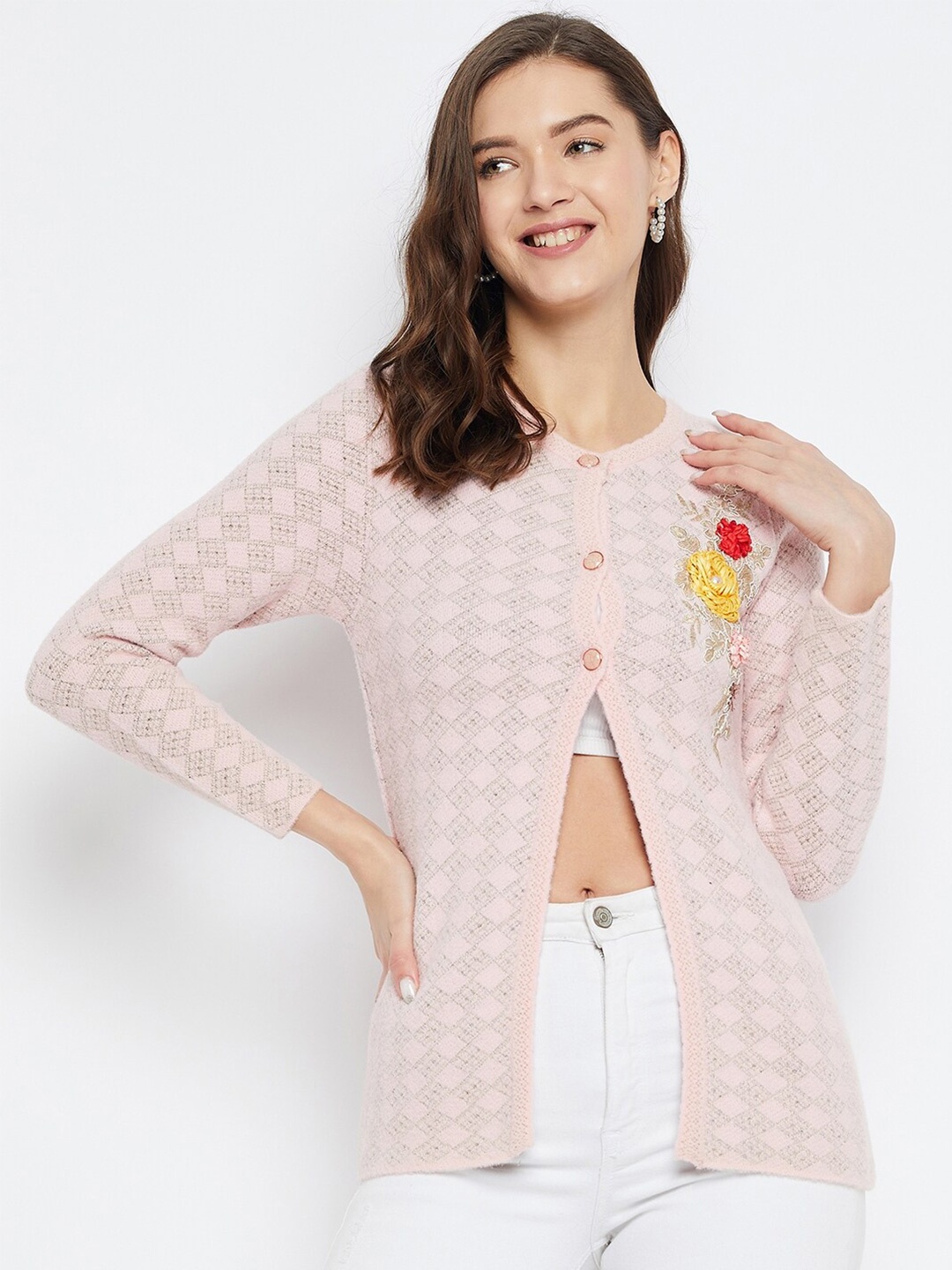 

Zigo Self Design Woollen Cardigan, Pink