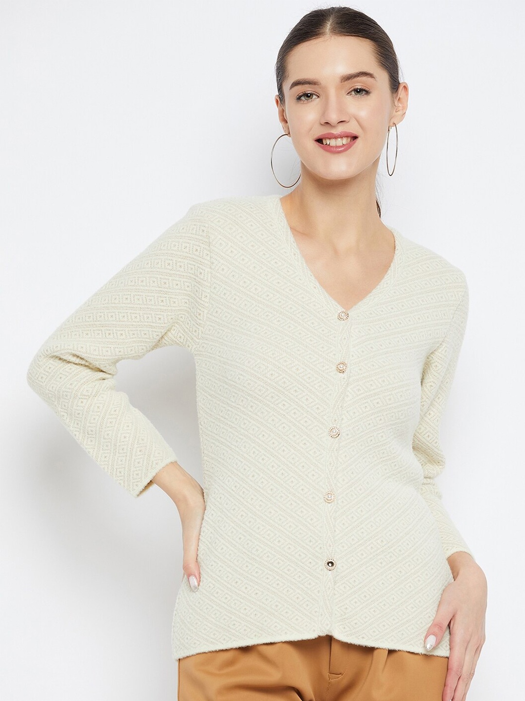 

Zigo Geometric Self Design Woollen Cardigan Sweater, Beige
