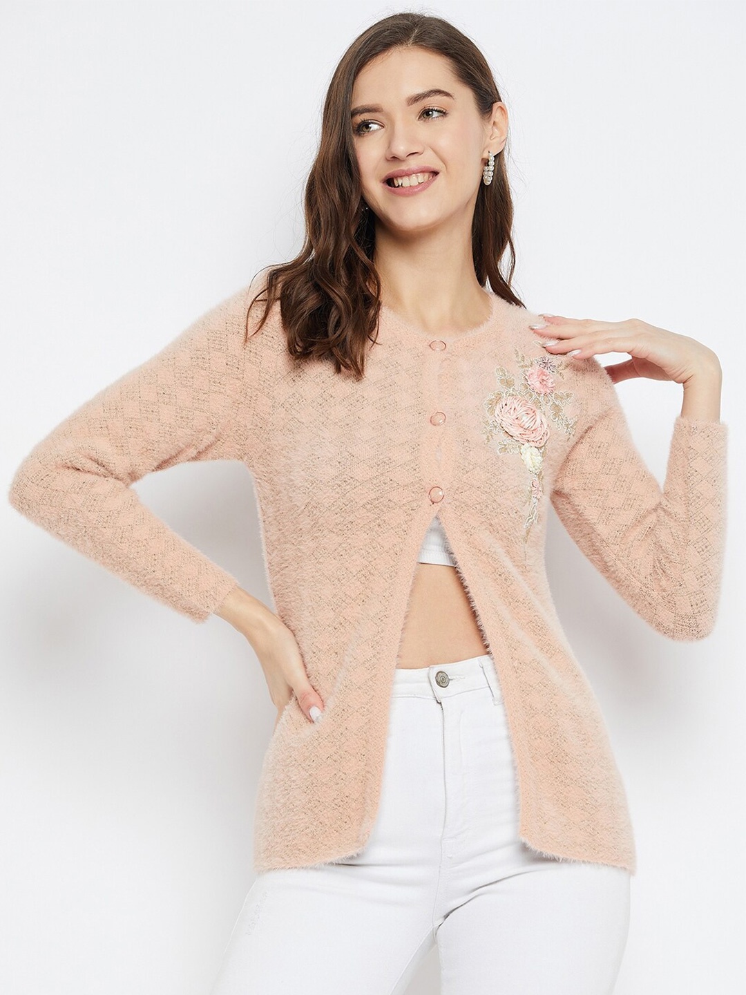 

Zigo Geometric Self Design Embroidered Woollen Cardigan Sweater, Peach