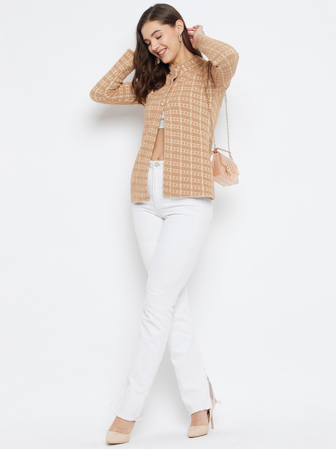 

Zigo Geometric Self Design Mock Collar Woollen Cardigan Sweater, Camel brown