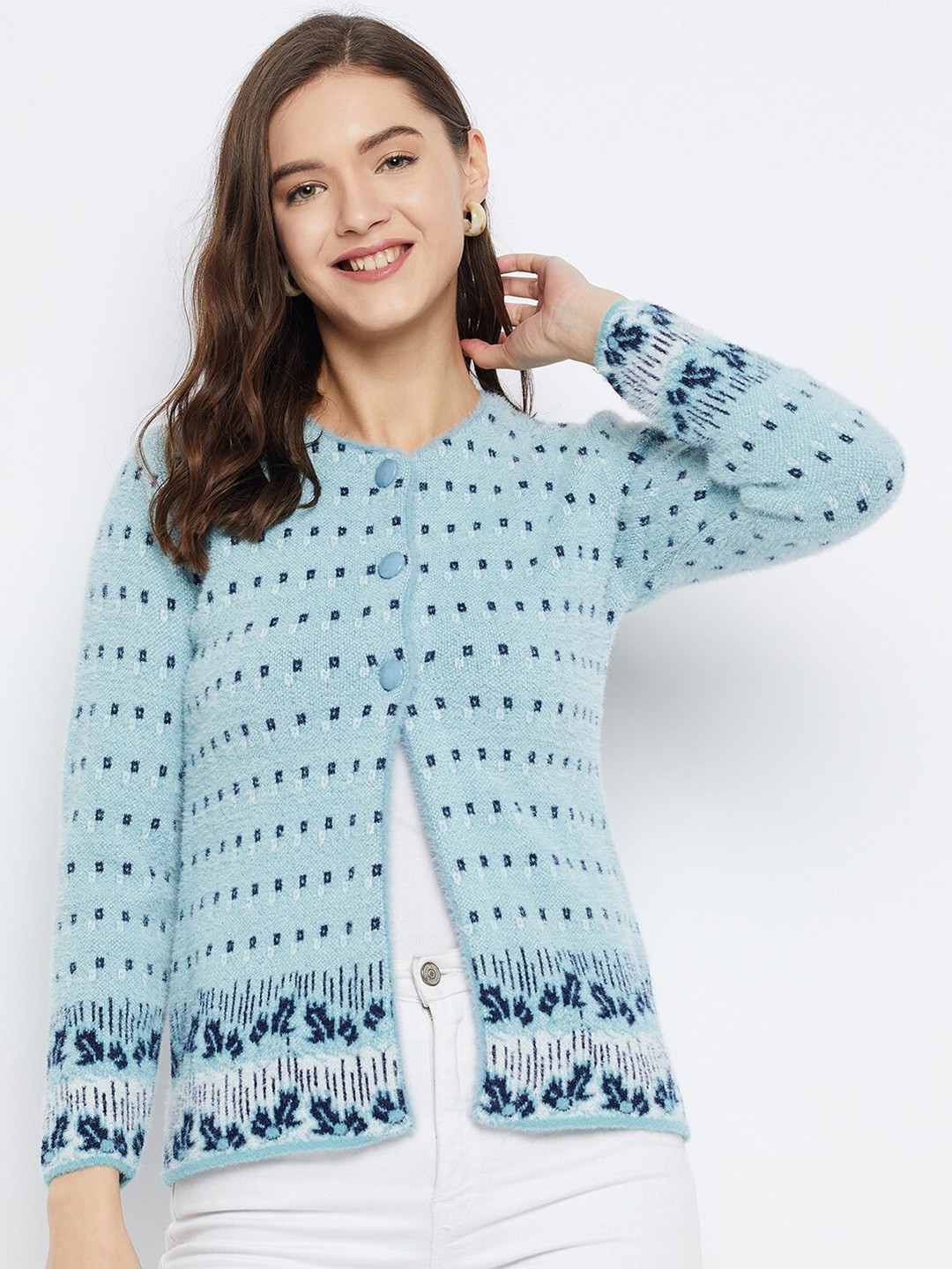 

Zigo Quirky Self Design Woollen Cardigan Sweater, Blue