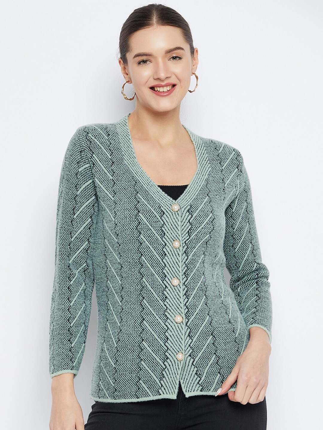 

Zigo Striped Self Design Woollen Cardigan Sweater, Sea green