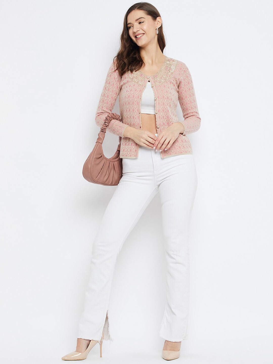 

Zigo Cable Knit Self Design Woollen Cardigan Sweater, Pink