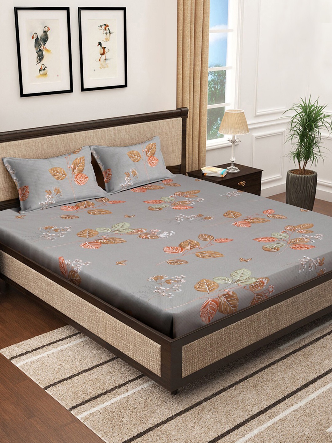 

KLOTTHE Grey Printed Pure Cotton 400 TC Fitted Double King Bedsheet With 2 Pillow Covers