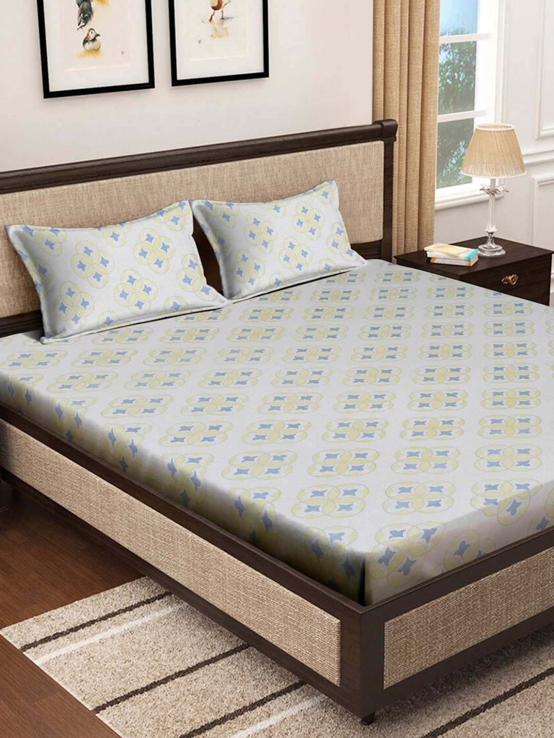 

KLOTTHE Grey Printed Pure Cotton 400 TC Fitted Double King Bedsheet With 2 Pillow Covers