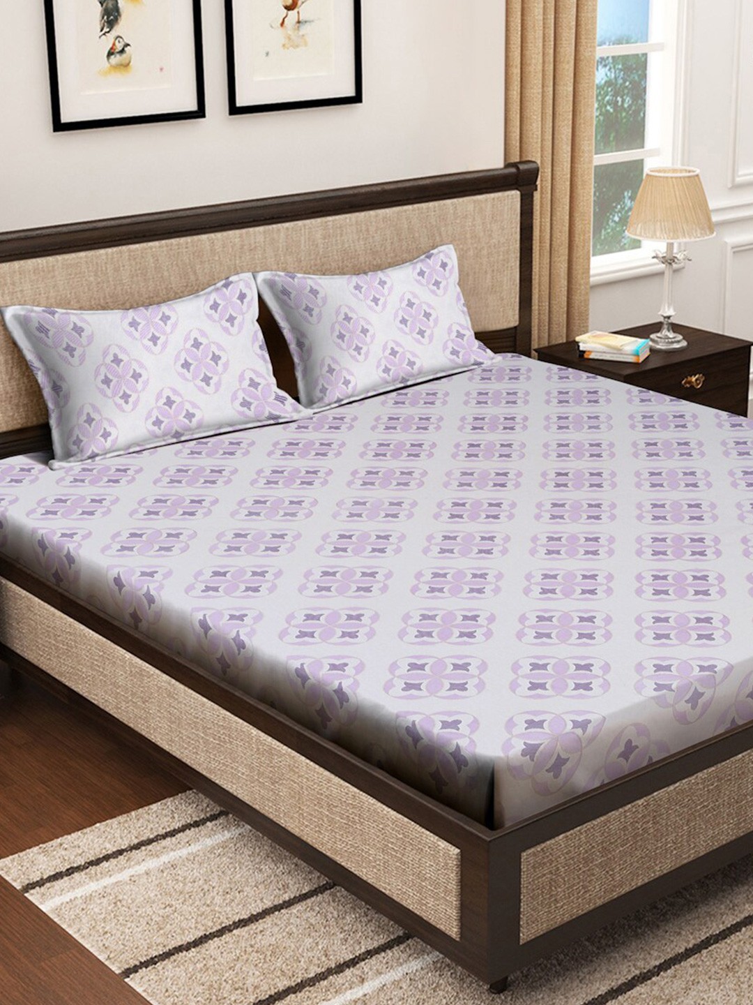 

KLOTTHE White Printed Pure Cotton 400 TC Fitted Double King Bedsheet With 2 Pillow Covers