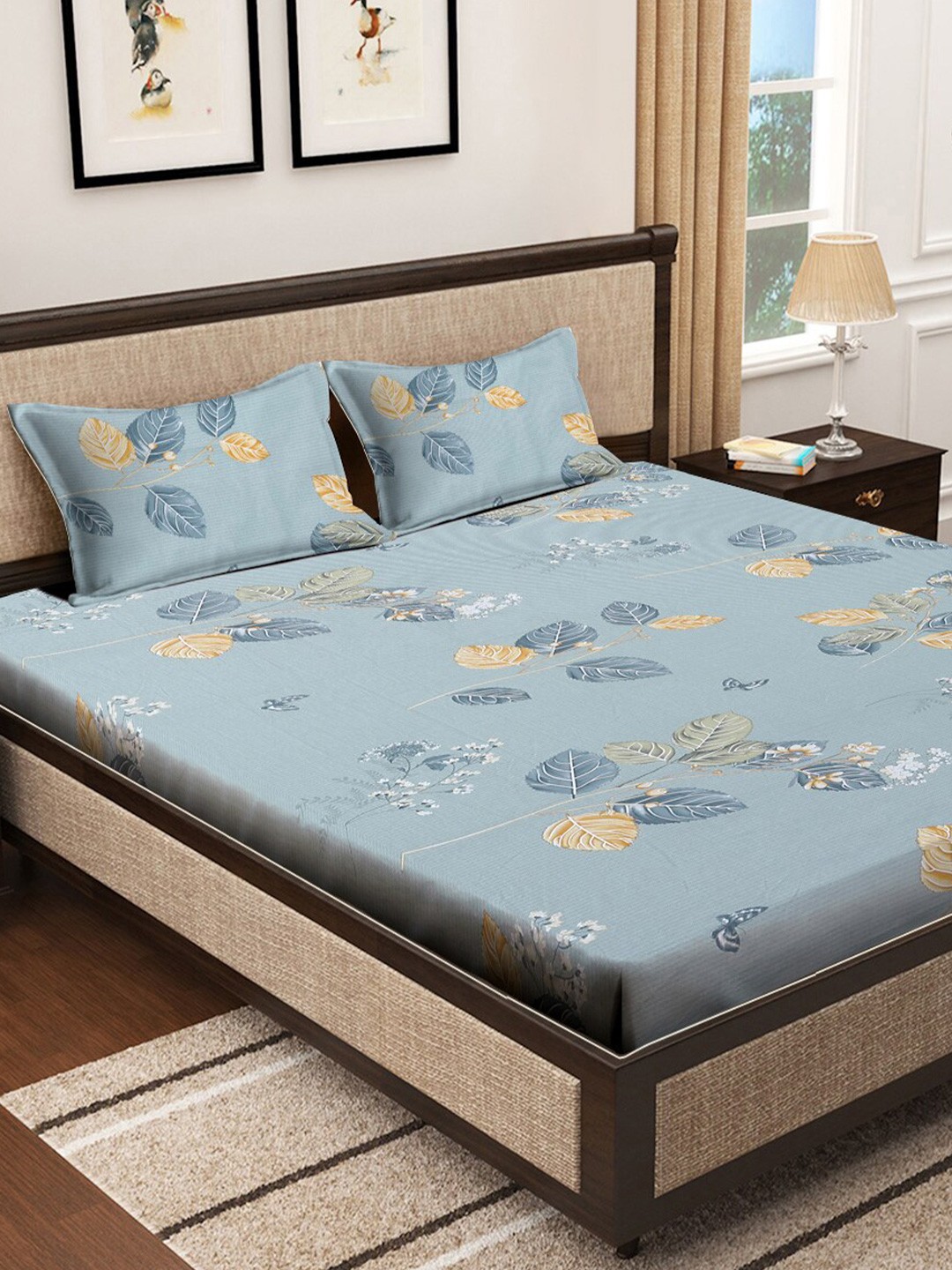 

KLOTTHE Blue Printed Pure Cotton 400 TC Fitted Double King Bedsheet With 2 Pillow Covers
