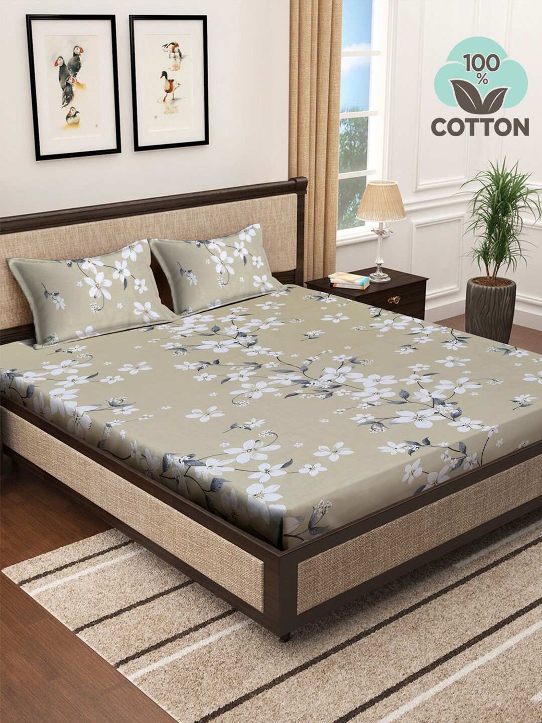 

KLOTTHE Beige Printed Pure Cotton 400 TC Fitted Double King Bedsheet With 2 Pillow Covers