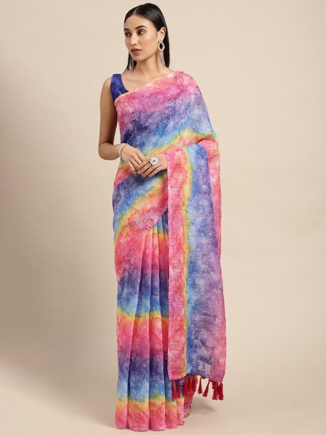 

PATLIPALLU Batik Linen Blend Block Print Saree, Pink