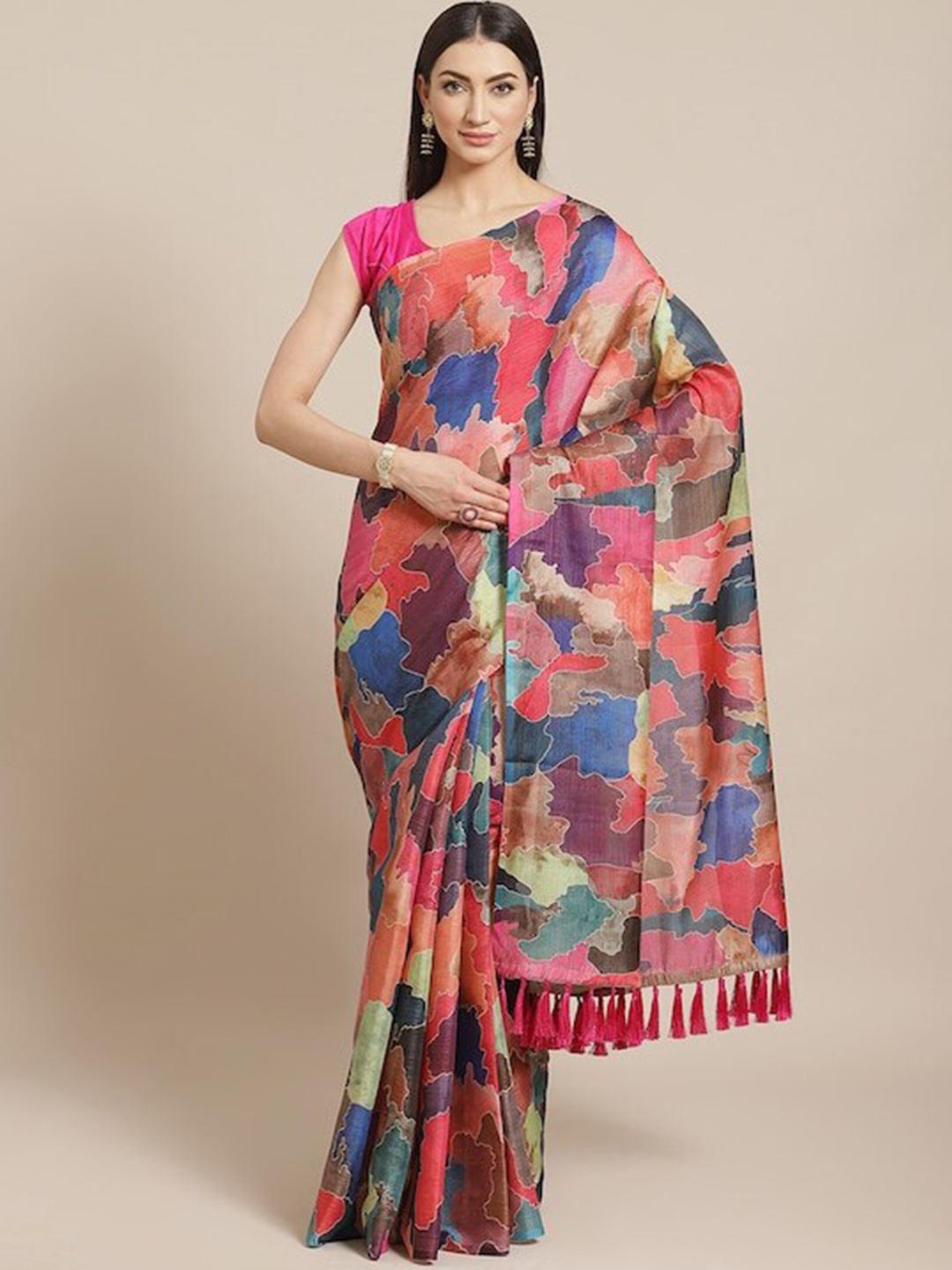 

PATLIPALLU Abstract Printed Art Silk Maheshwari Saree, Pink