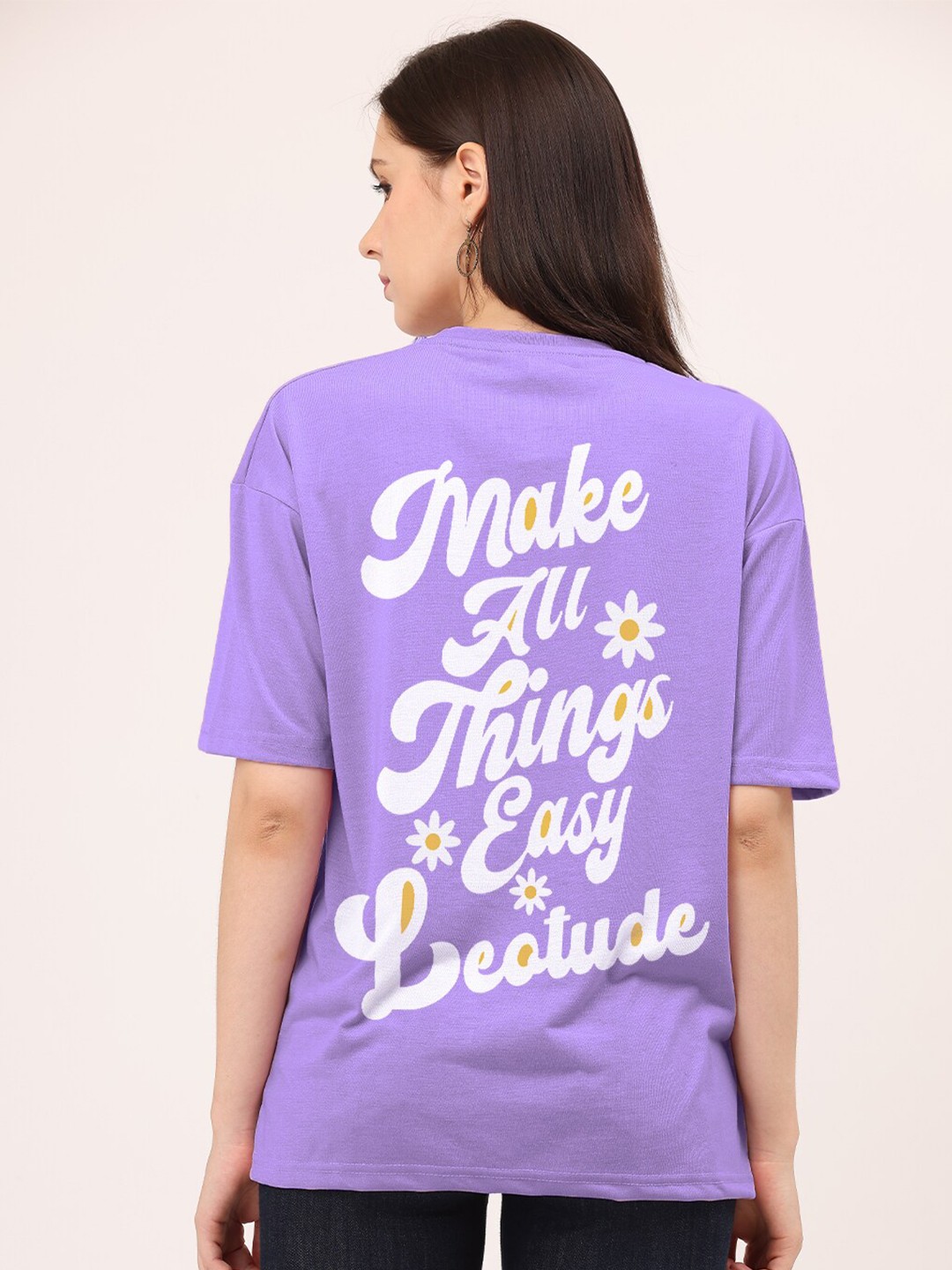 

Leotude Typography Printed Drop Shoulder Sleeves Oversized T-shirt, Purple