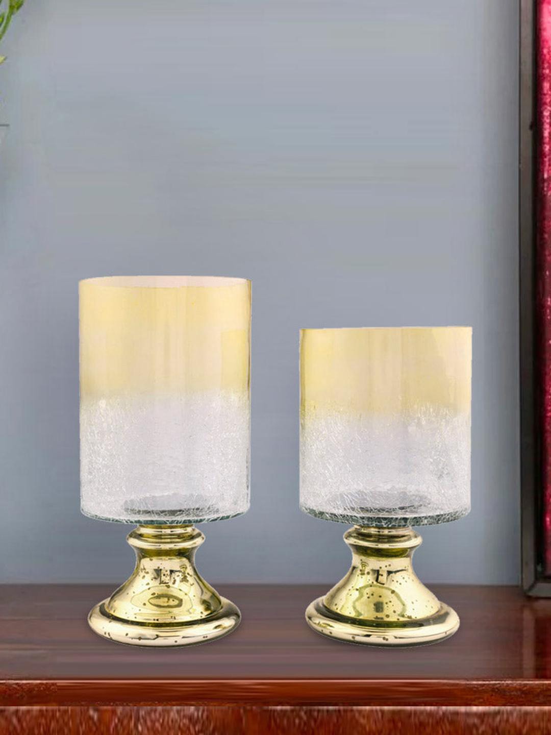 

Athome by Nilkamal Transparent 2 Pcs Ceramic Cylindrical Crackle Glass Candle Holders