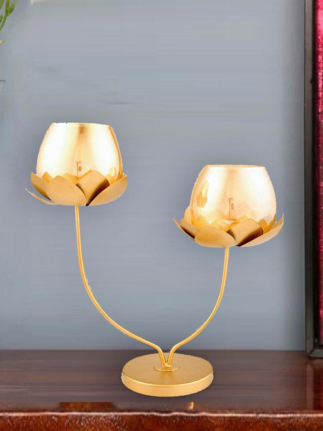 

Athome by Nilkamal Gold Toned Lotus Branch Metal & Glass Candle Holder