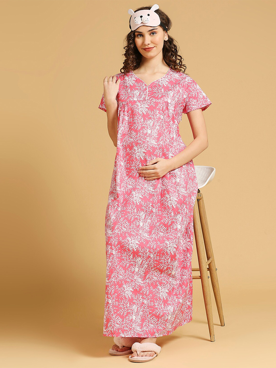 

MomToBe Floral Printed Pure Cotton Feeding Maternity Maxi Nightdress, Pink