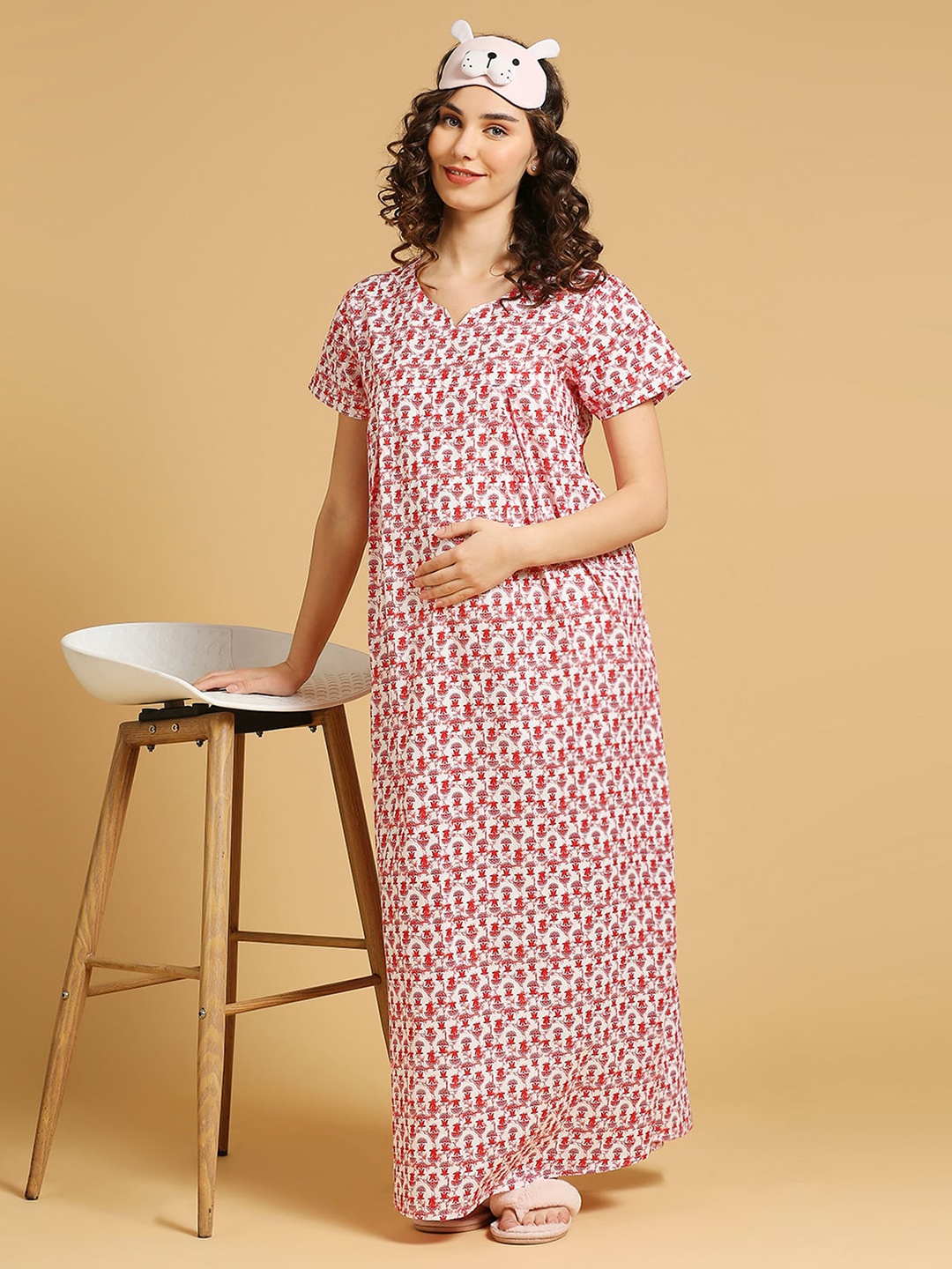 

MomToBe Floral Printed Pure Cotton Feeding Maternity Maxi Nightdress, Red