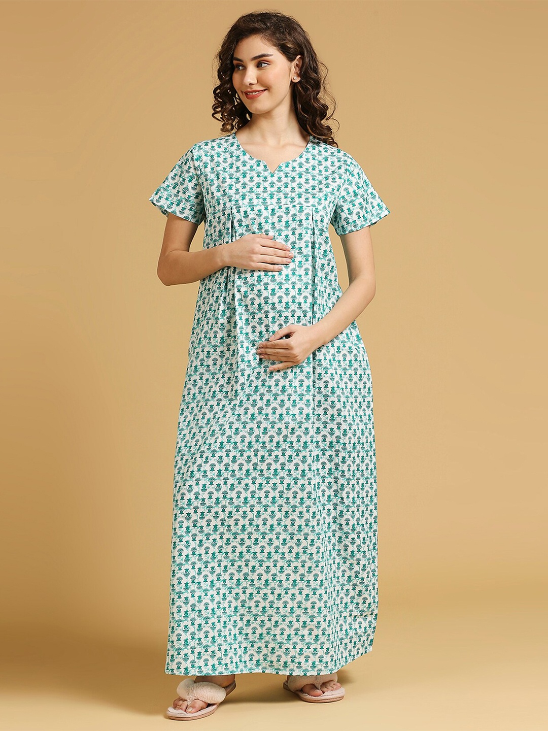 

MomToBe Floral Printed Pure Cotton Maternity Maxi Nightdress, Green