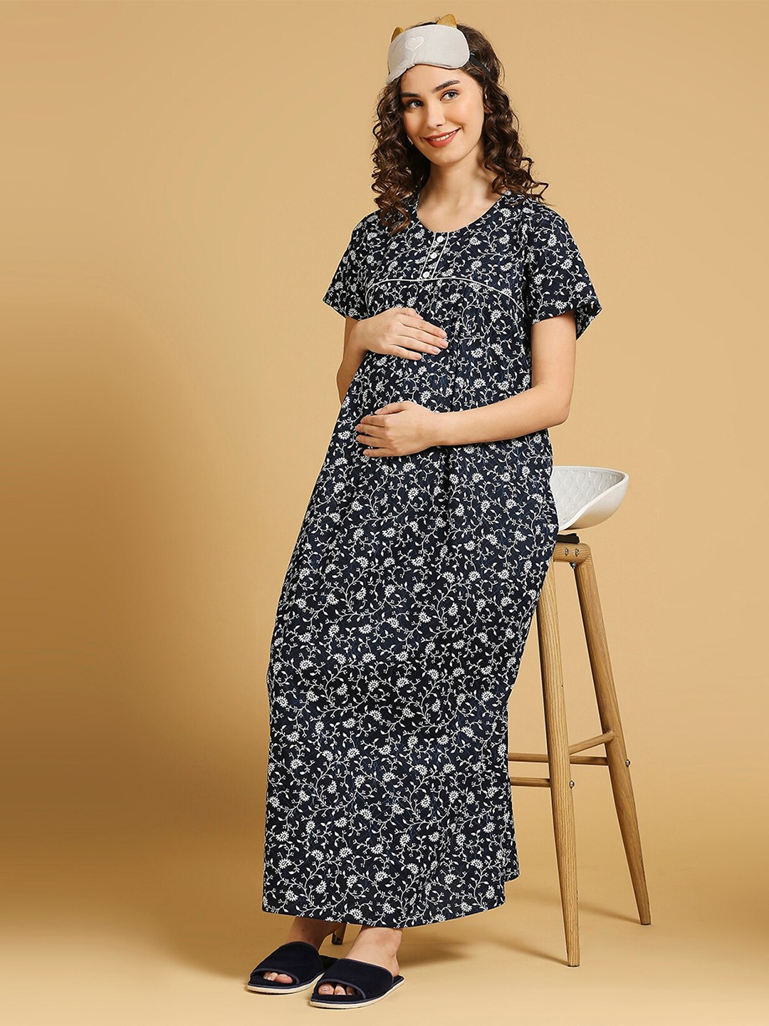 

MomToBe Floral Printed Pure Cotton Feeding Maternity Maxi Nightdress, Navy blue