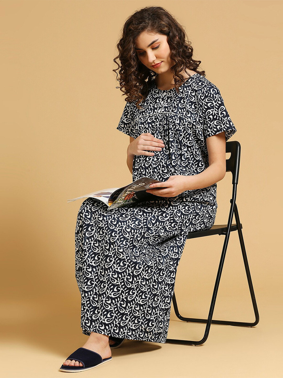 

MomToBe Floral Printed Pure Cotton Maternity Maxi Nightdress, Navy blue
