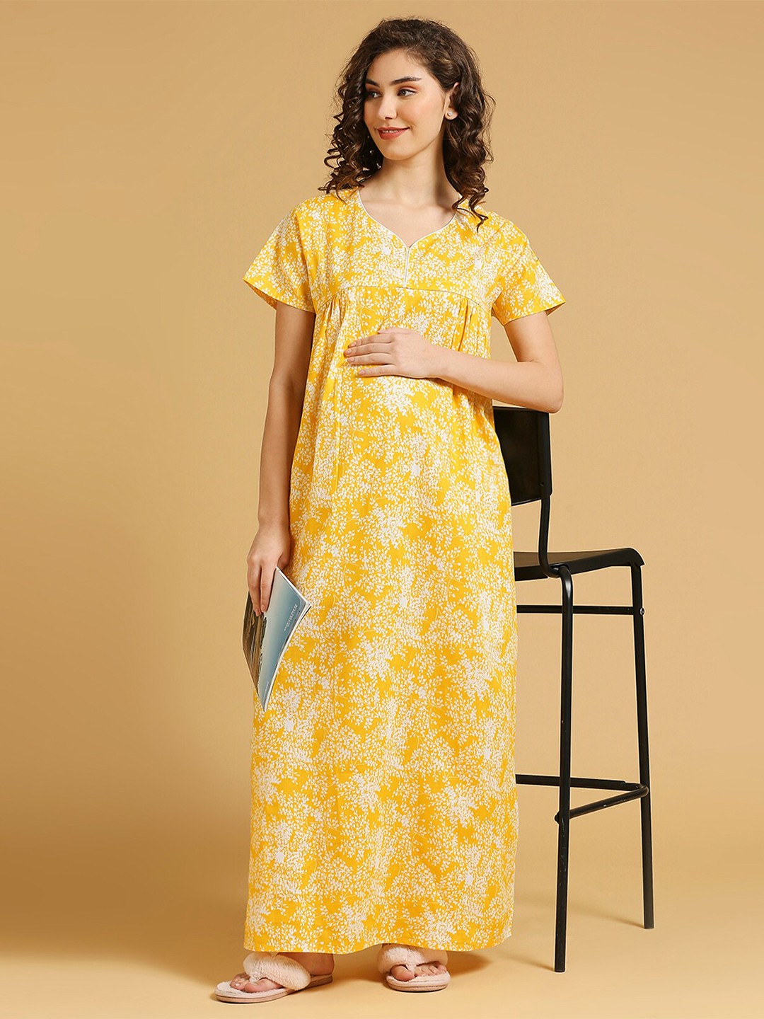 

MomToBe Floral Printed Pure Cotton Maternity Maxi Nightdress, Yellow