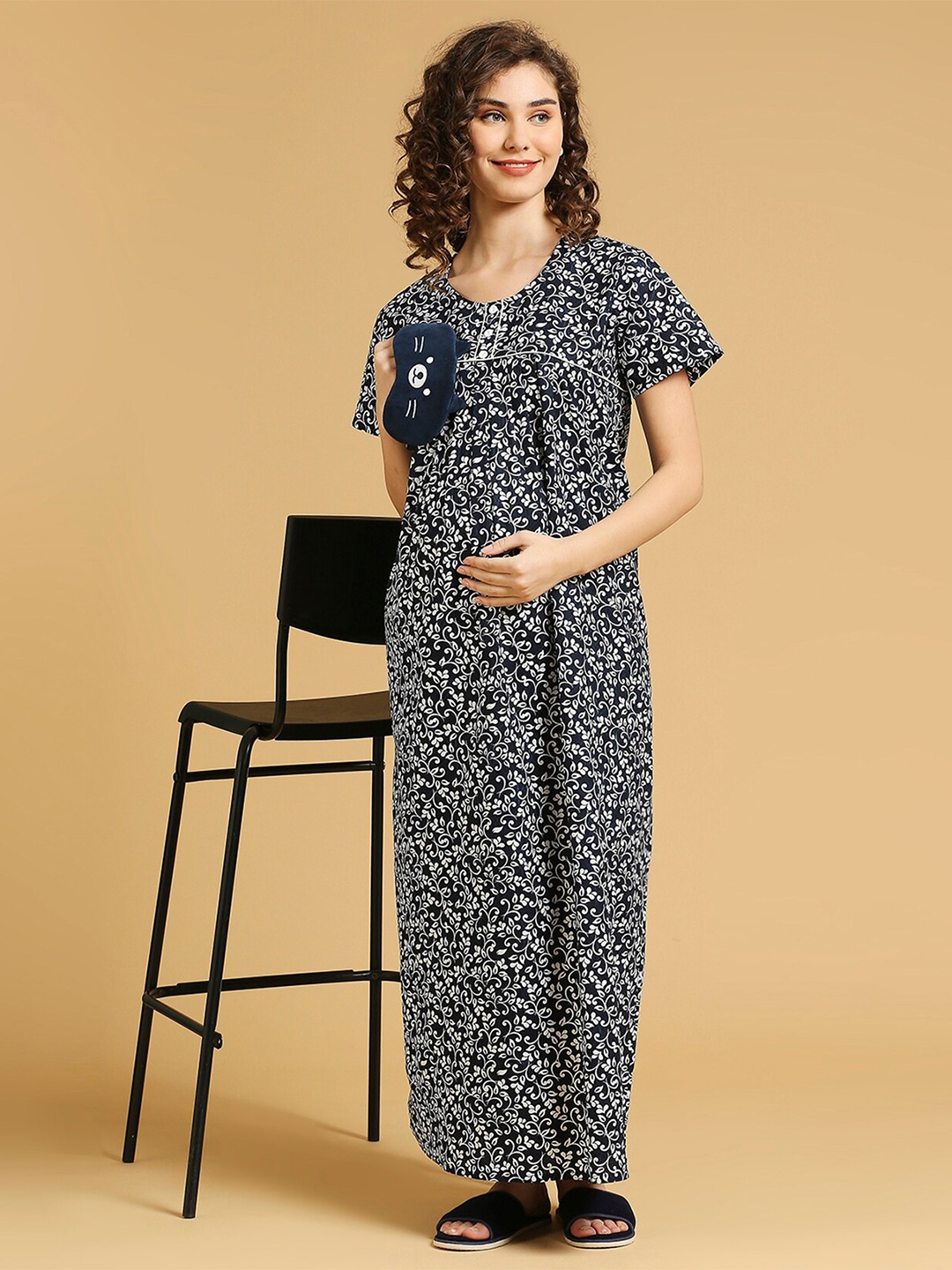 

MomToBe Floral Printed Pure Cotton Feeding Maternity Maxi Nightdress, Navy blue