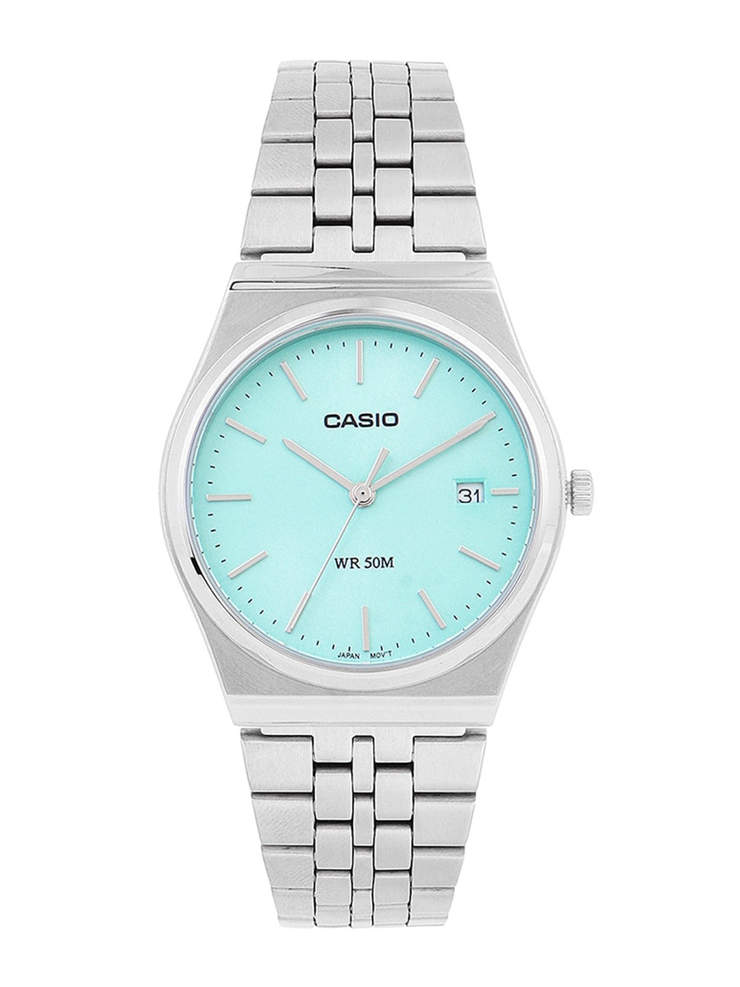 

CASIO Men Stainless Steel Cuff Straps Analogue Calendar Watch A2198, Silver