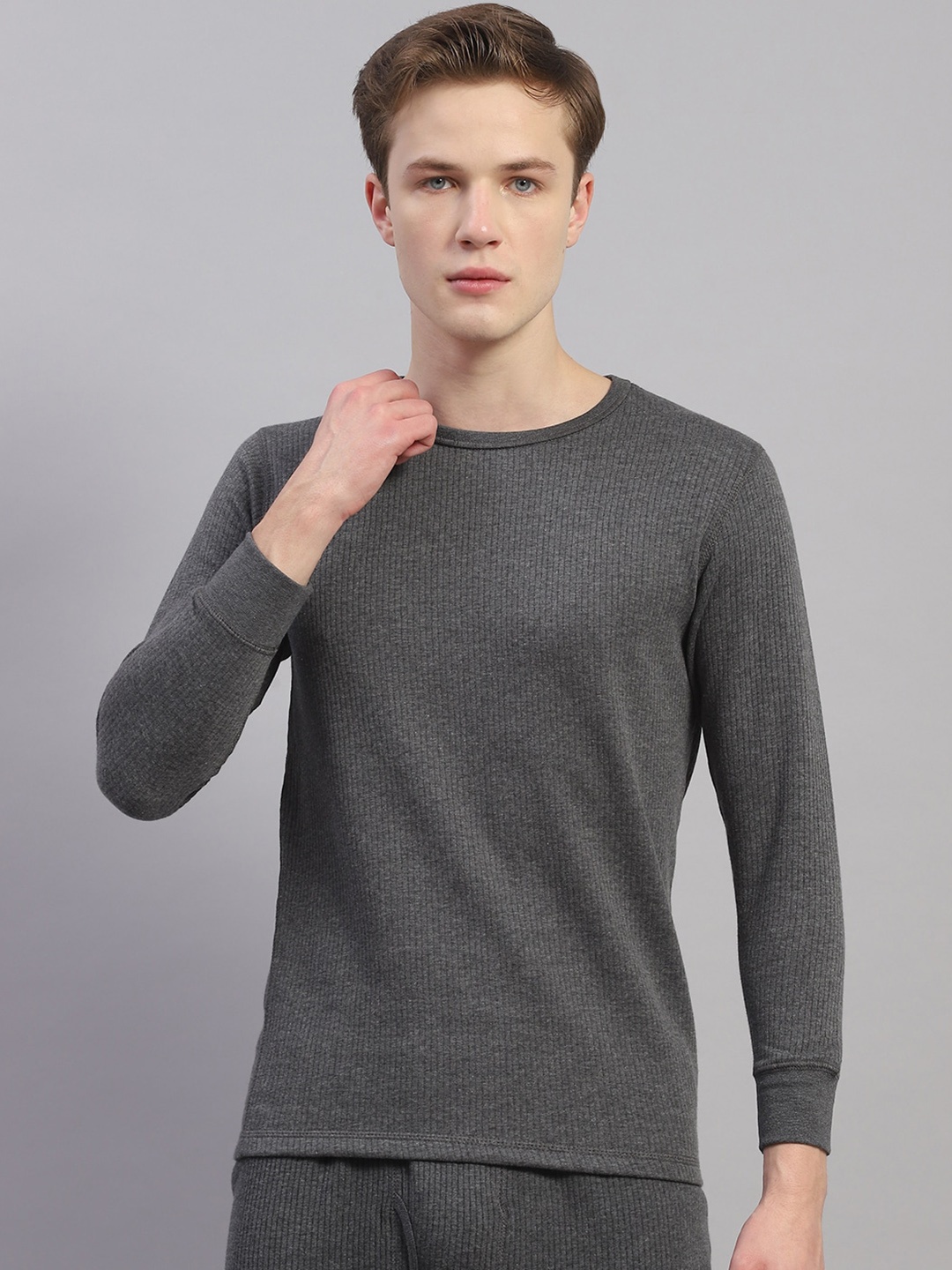 

Monte Carlo Round Neck Ribbed Cotton Thermal Top, Charcoal