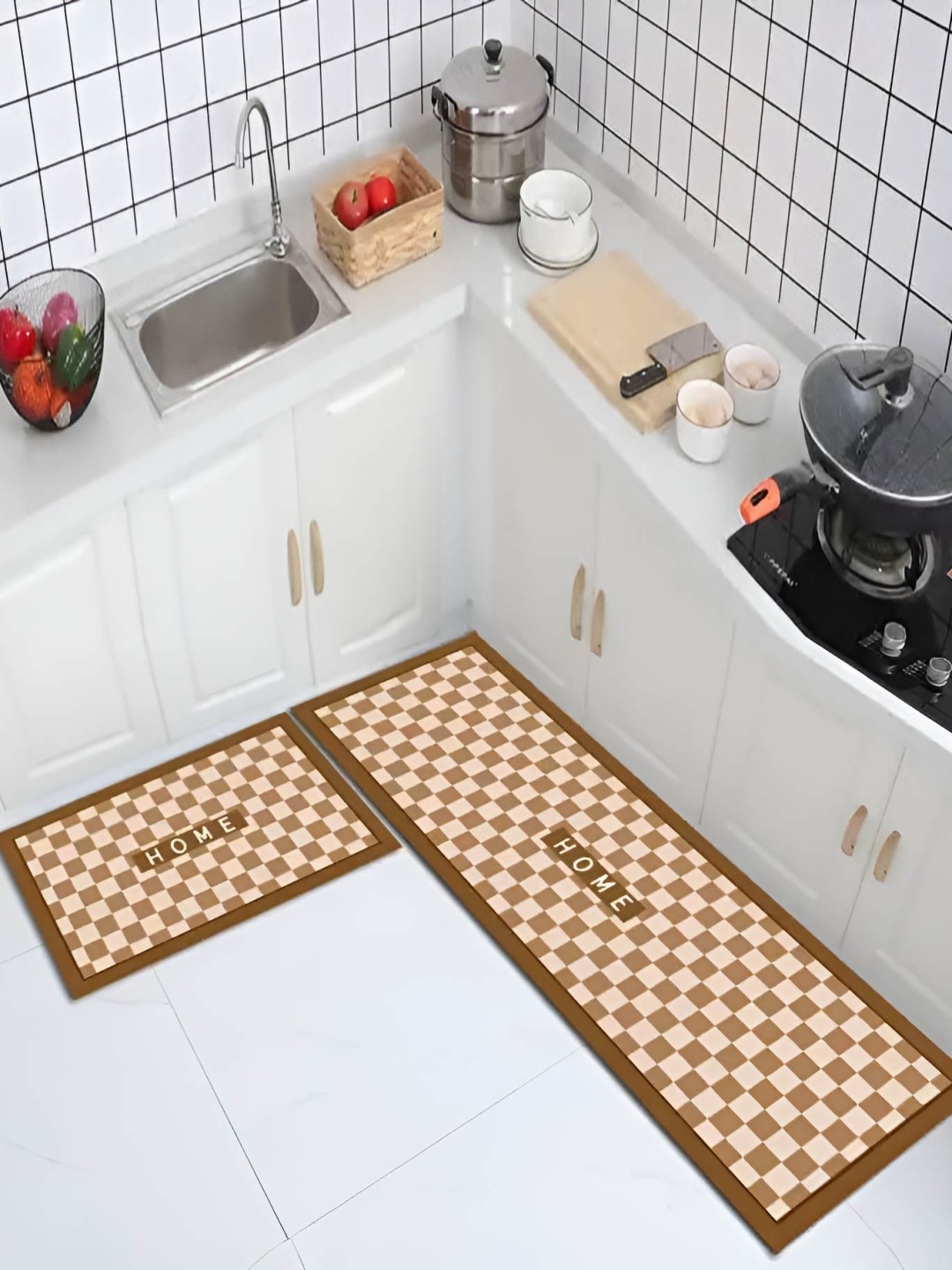 

HomeCloud Beige & Brown 2 Pieces Geometric Anti Skid Kitchen Mats