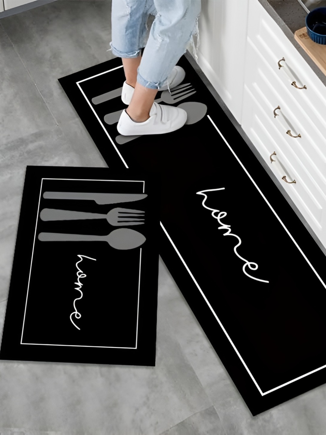 

HomeCloud Black & Grey 2 Pieces Graphic Anti Skid Kitchen Mats