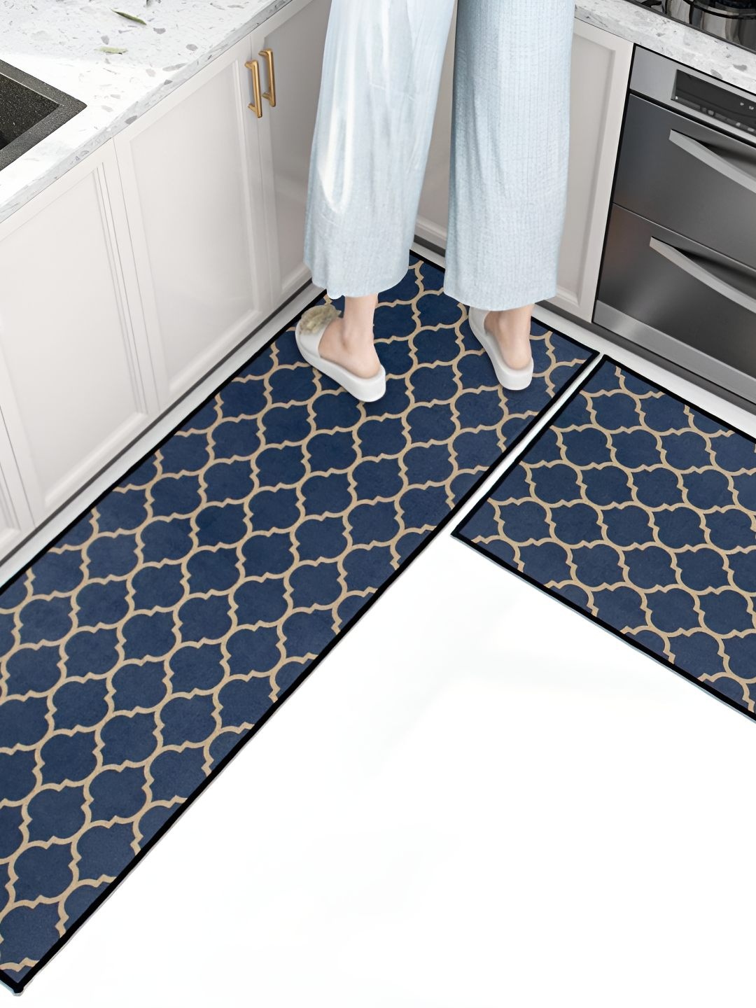 

HomeCloud 2 Pieces Navy Blue & Beige Geometric Pattern Anti-Skid Kitchen Mats